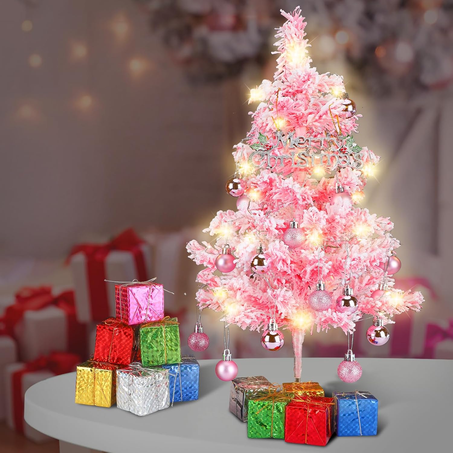 Mini Pink Christmas Tree with Lights - 22.5 in Tabletop Small Pink Christmas Tree for Christmas Women Girls Gifts, with Tree Ornaments for DIY Home Decoration