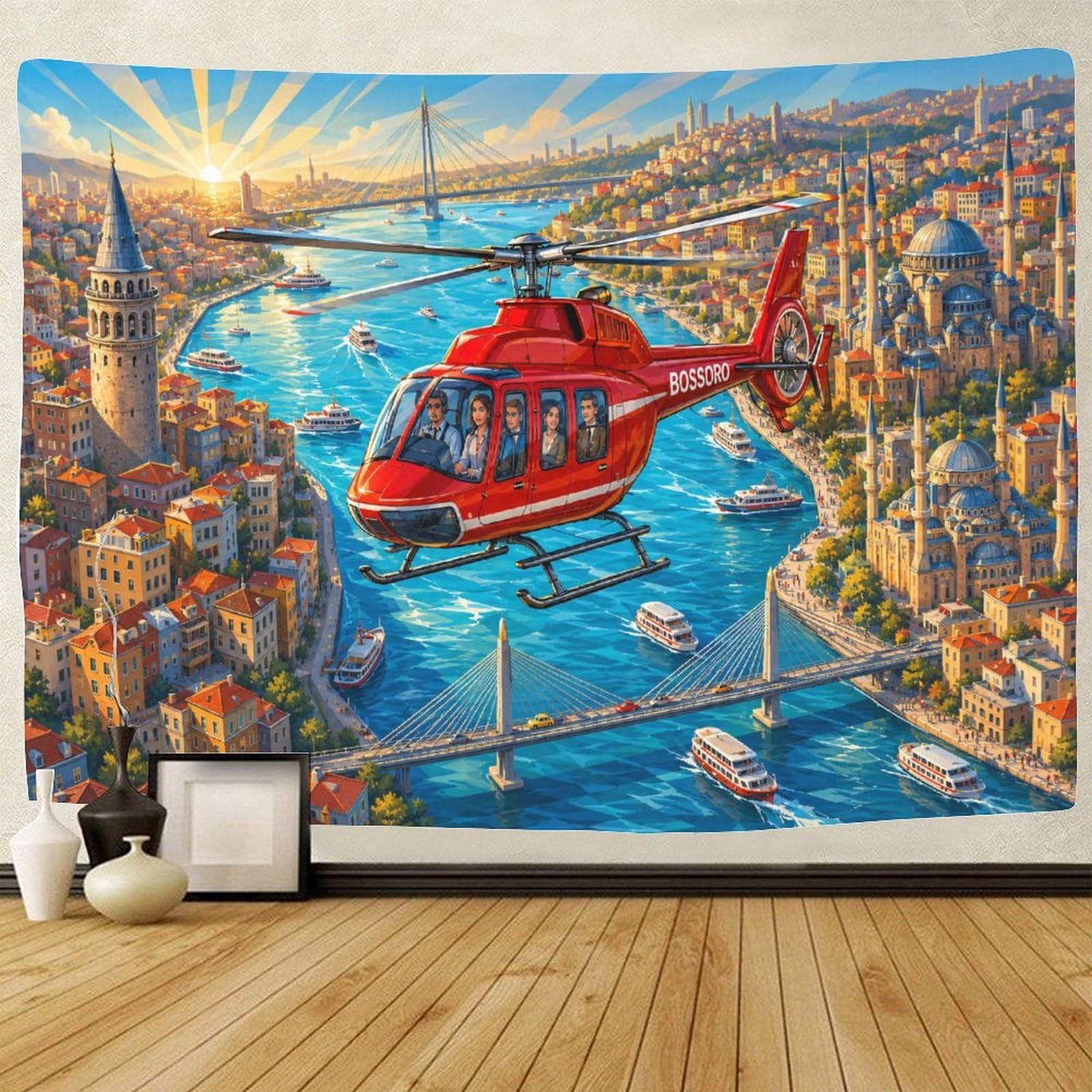 GPMNBCXZK Retro Futuristic Helicopter 3D Print Tapestry Wall Hanging Decor Wall Art Decor Abstract Art Tapestries Poster Home Decoration Bedroom Living Room 100cmx150cm