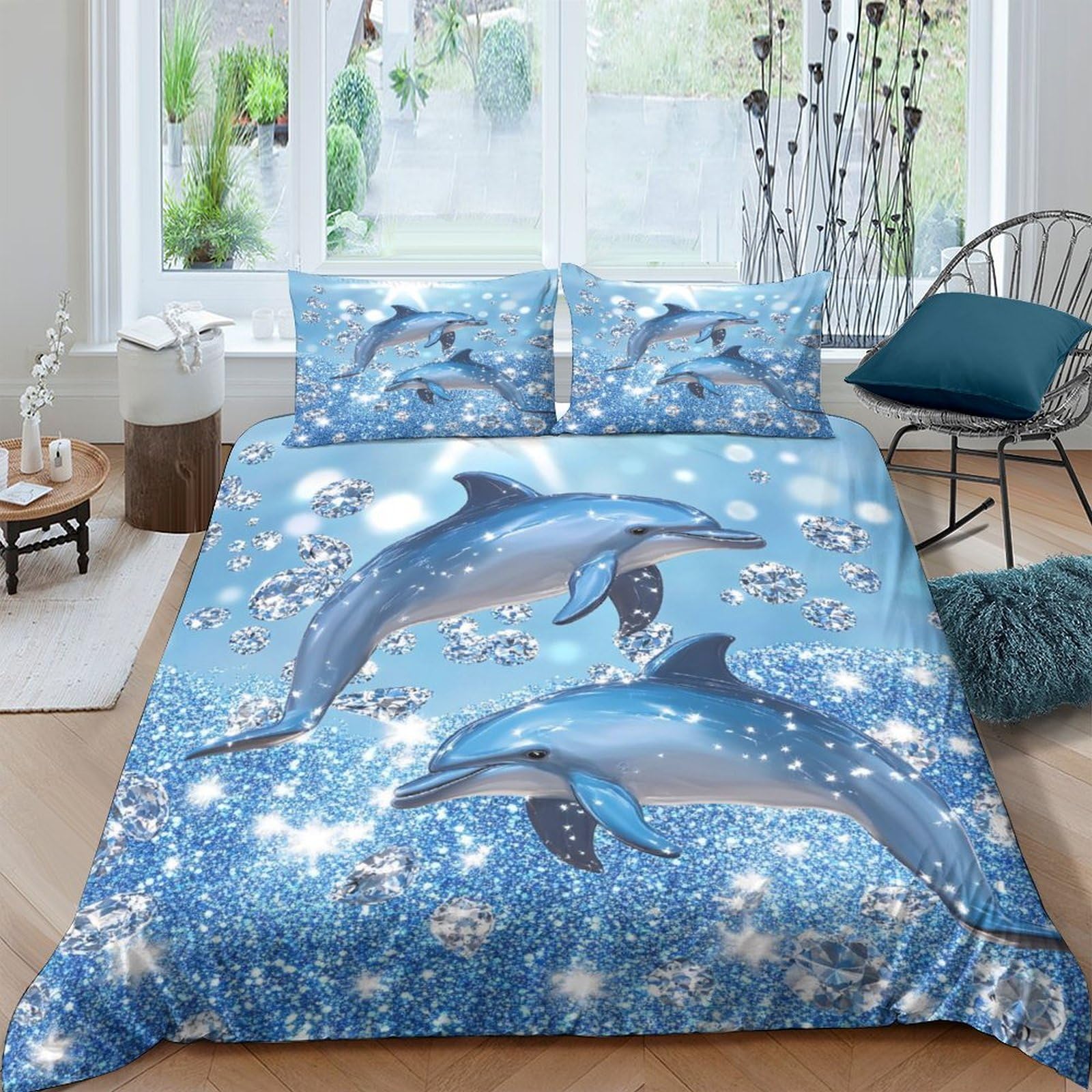 Ctjqhvkz Style-1 3D Printed Ocean Dolphin Fitted Sheet Microfiber Soft Blue Sea Waves Mattress Cover For Bedroom Guest Room Decor Single（135X200cm）