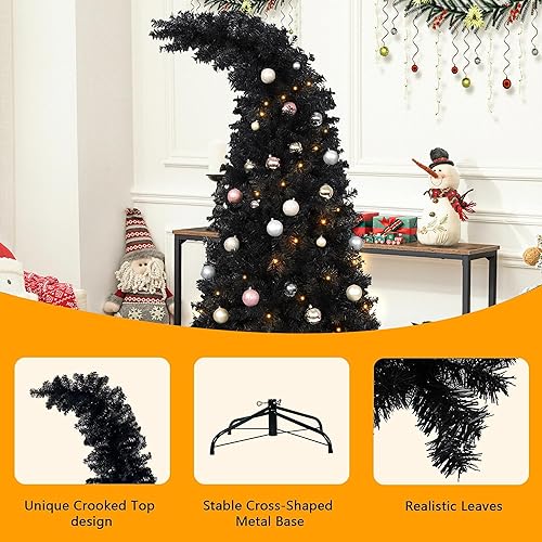 Miniatura 3 de Árbol de Navidad negro de 6.9 pies, árbol de Halloween artificial con bisagras con diseño superior torcido, 1050 puntas, soporte de metal,