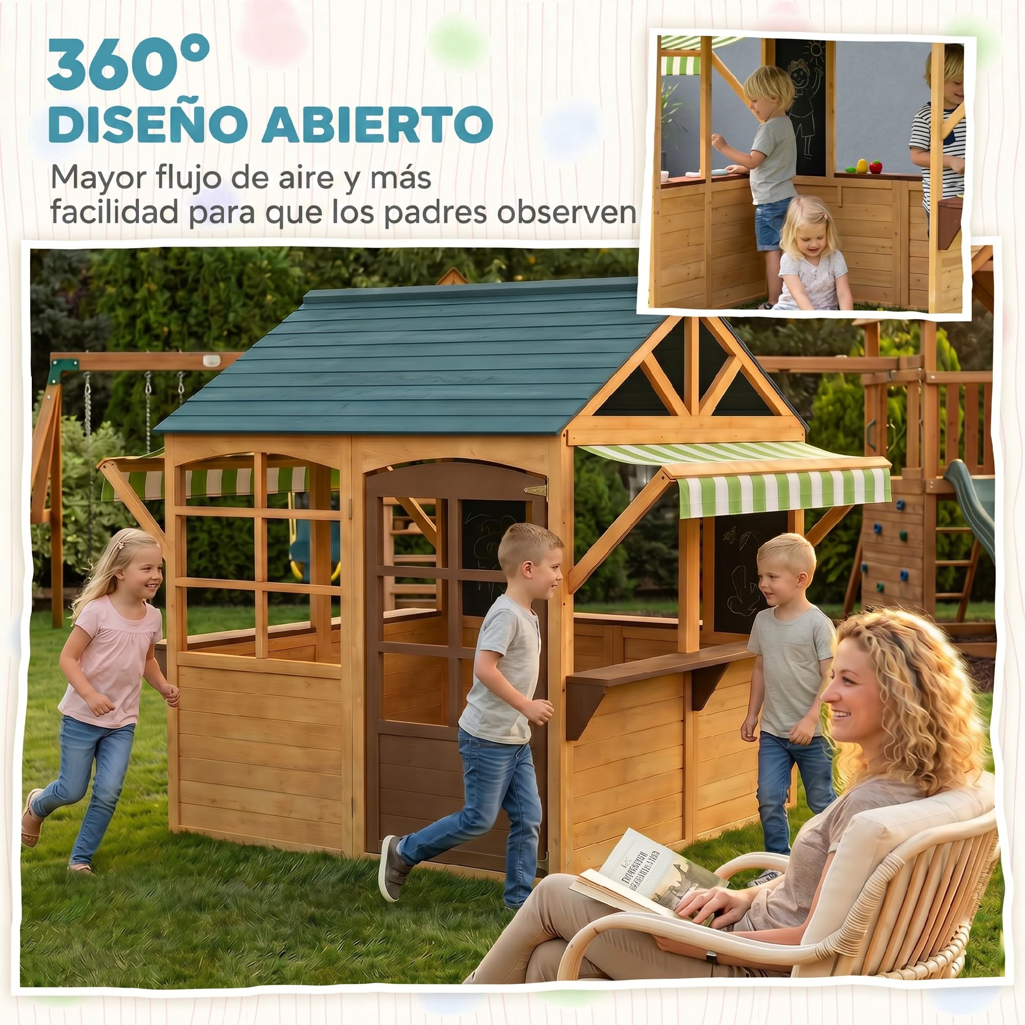 AIYAPLAY Casita Infantil Exterior de Madera Plegable Casa Jardín Infantil con 2 Pizarras Ventanas y Toldo Casita de Juegos para Niños a Partir de 3 Años Natural