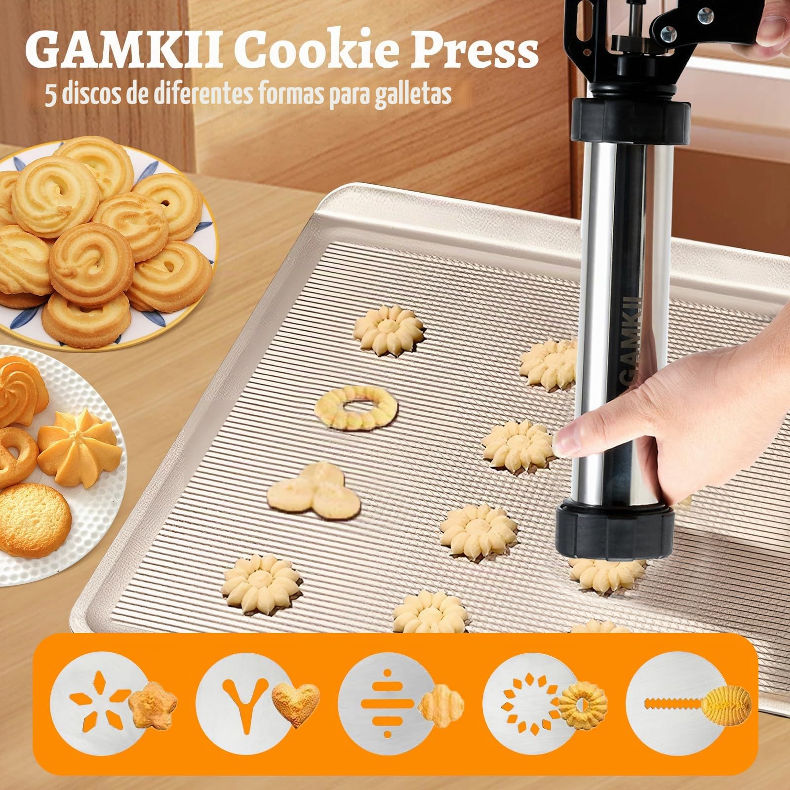 Churro Maker Máquina de acero inoxidable Kit de pistola Churro con 4 discos para Churro hueco, 5 discos para galletas, 6 boquillas para glaseado, 2 cepillos limpios para postres y galletas DIY