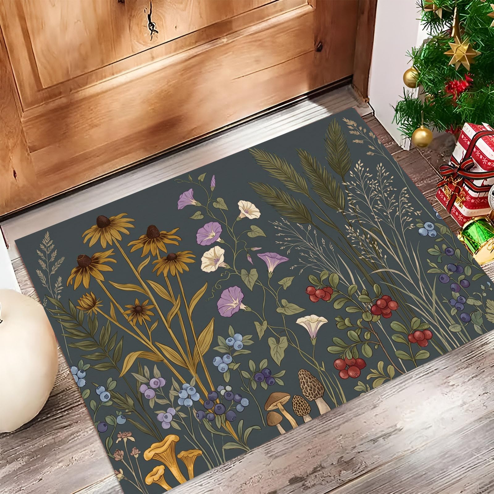 60X90Cm Zerbino Ingresso Interno Antiscivolo Assorbente, Tappeto Microfibra Sottile Lavabile Con Silhouette Retrò Fiori Selvatici Piante Naturali Rurali Per Cucina Bagno Porta Animali, Antracite