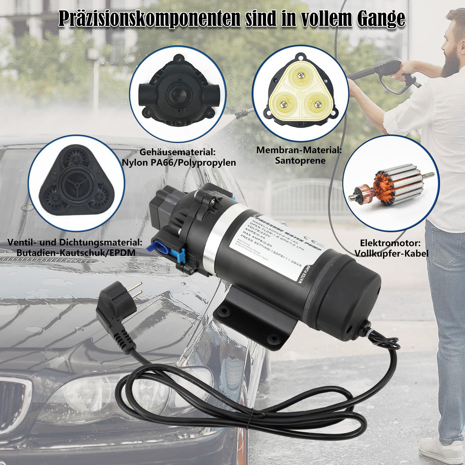 Hochdruck Membran Wasserpumpe, Elektrische Membranpumpe Wasserpumpe, Hochdruckwasserpumpe, Selbstansaugende Pumpe 150W 220V, 160PSI (11 Bar) 5,1–5,5L/min, 3/8"