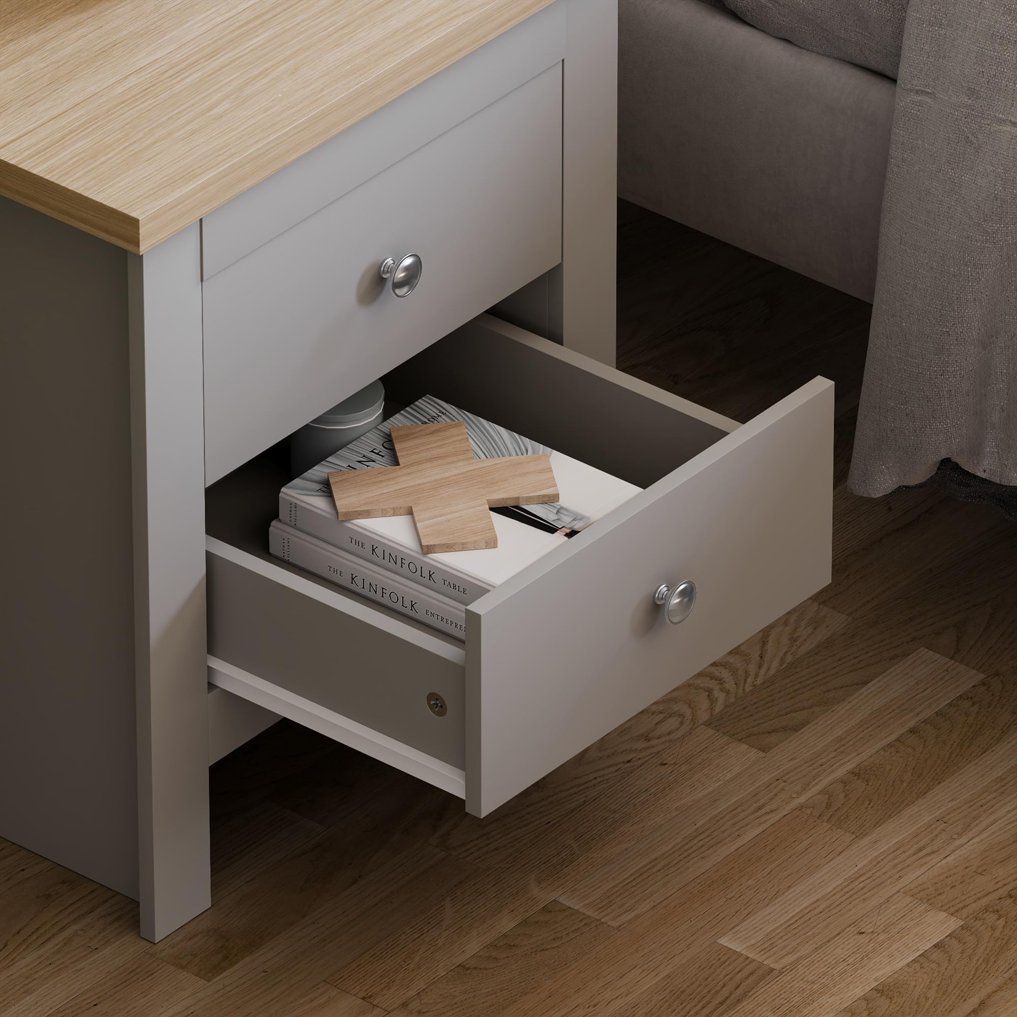 Vida Designs Comodino con 2 Cassetti Arlington, Legno Ingegnerizzato, Grigio e Quercia, H 51 x W 45 x D 40 cm