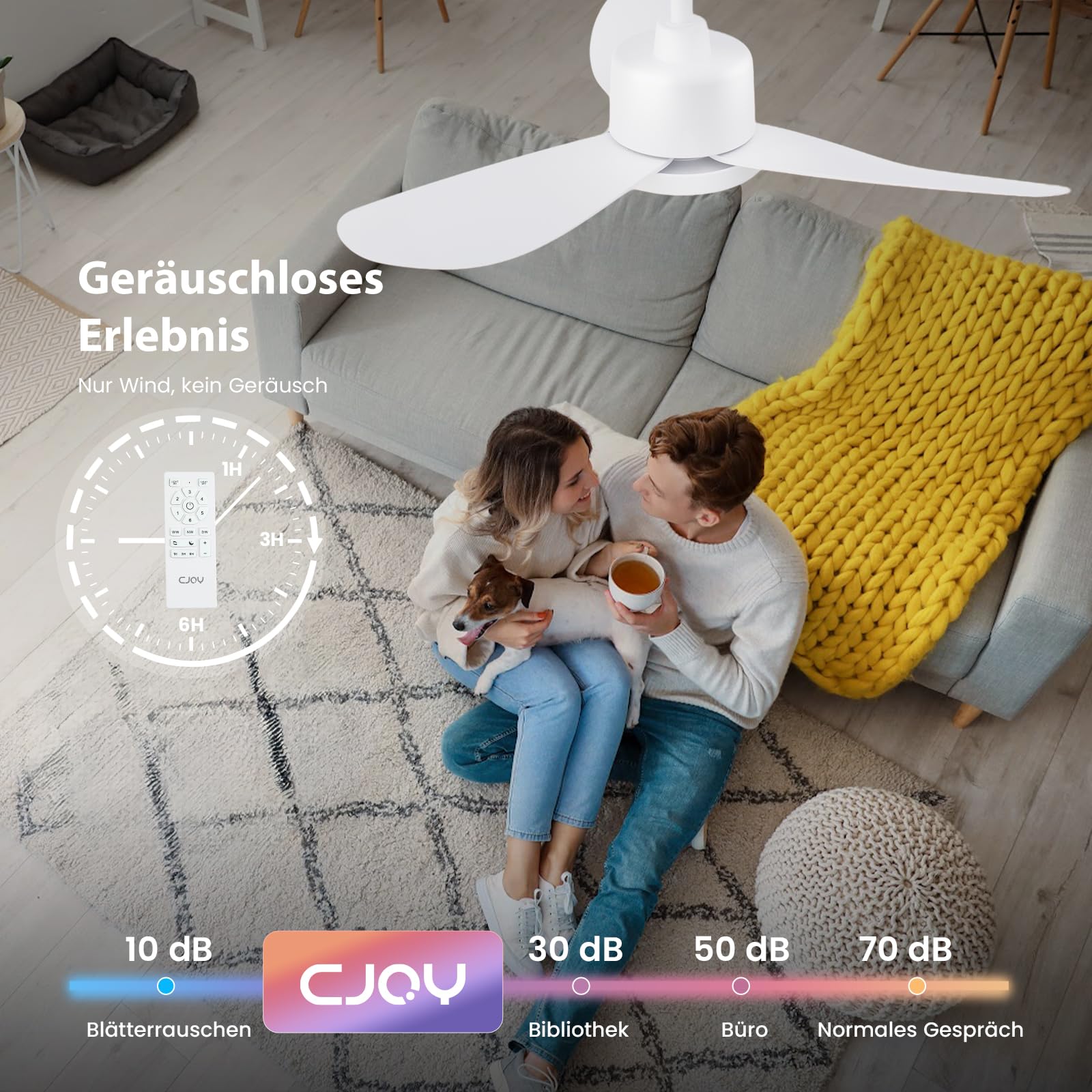 CJOY Deckenventilator mit Beleuchtung 96CM, Weiß, Fernbedienung, Leise, 3 CCT Dimmbar, Umkehrbar