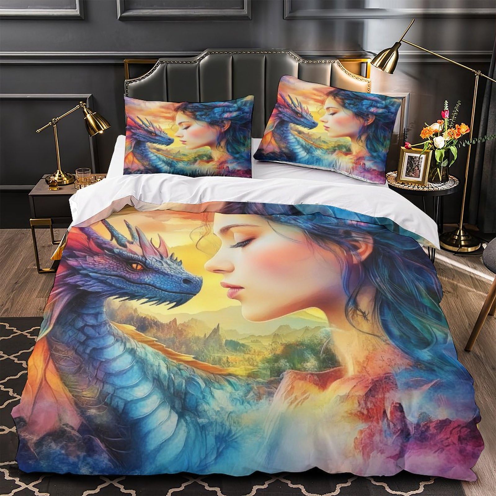 Housse de couette anti-tache dragon 3D en microfibre durable pour lit simple 135x200cm
