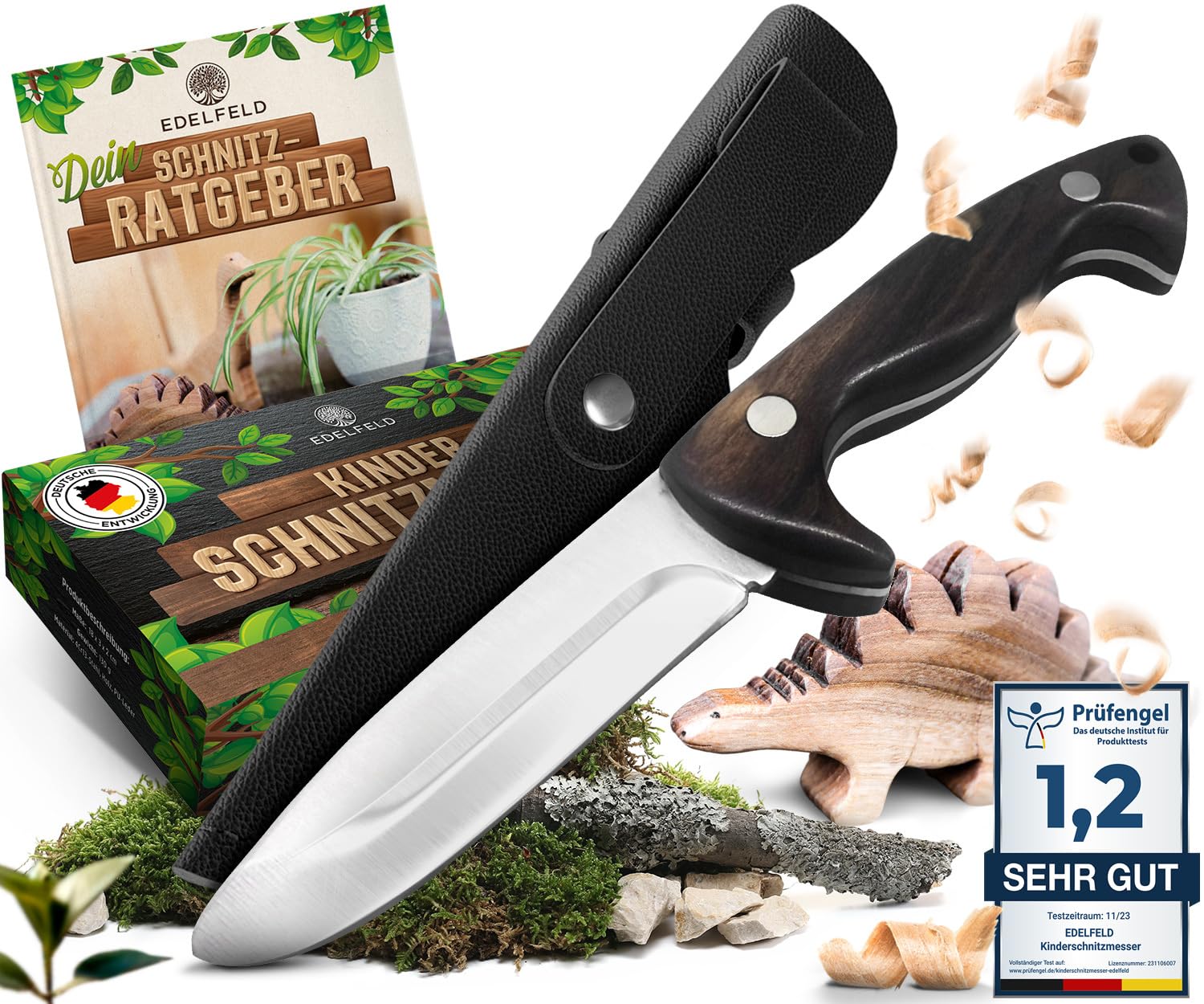 EDELFELD - Das Original - Schnitzmesser Kinder ab 6 Jahre - Sicheres Taschenmesser Kinder mit Fingerschutz - Schnitzmesser für Links- & Rechtshänder - Kinderschnitzmesser inkl. Scheide & Schnitzbuch