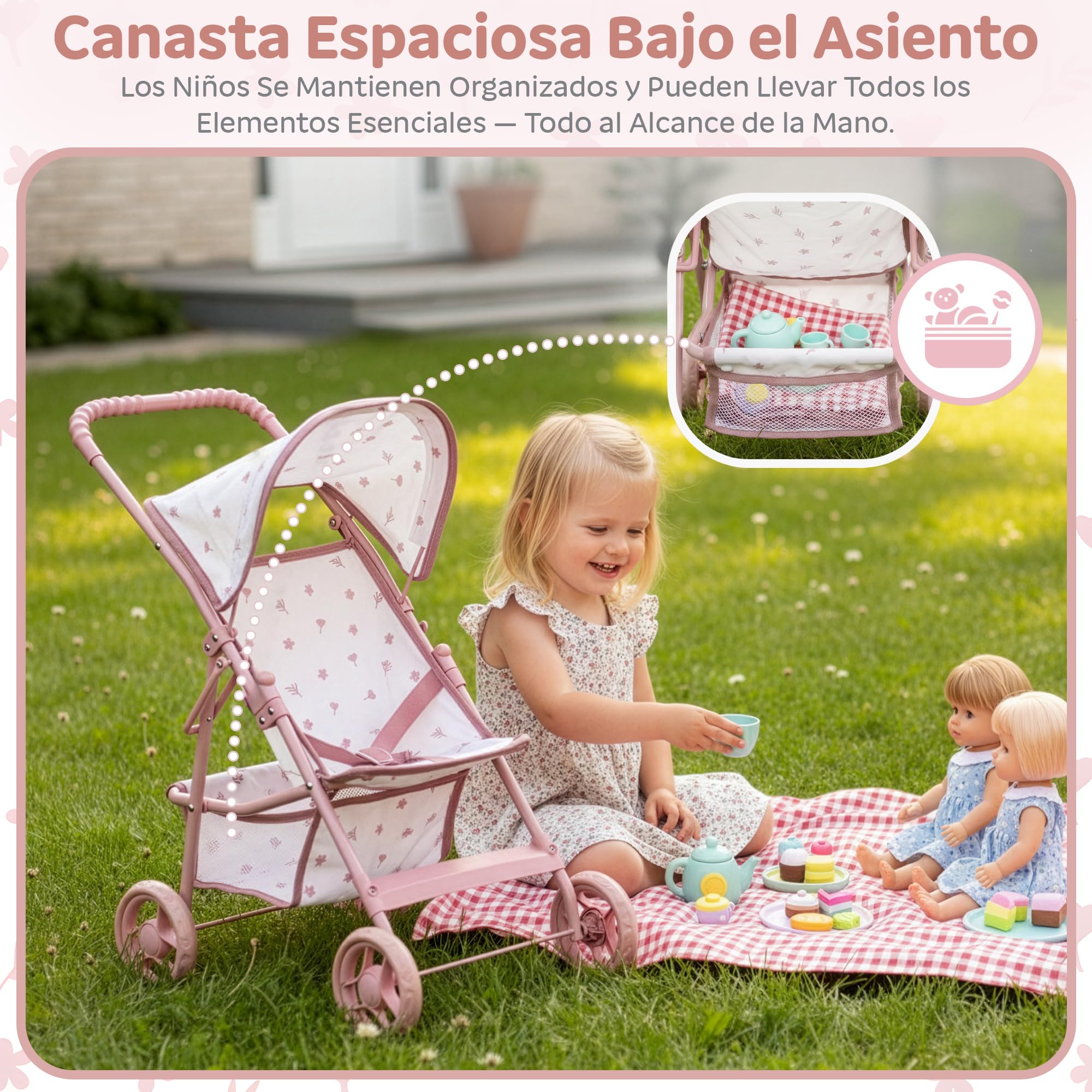 Kinderplay Cochecito de muñecas a Partir de 3 años: Cochecito Plegable Ligero para niñas con Ruedas EVA, cinturón y Visera – Cochecito de Juguete Rosa para muñecas