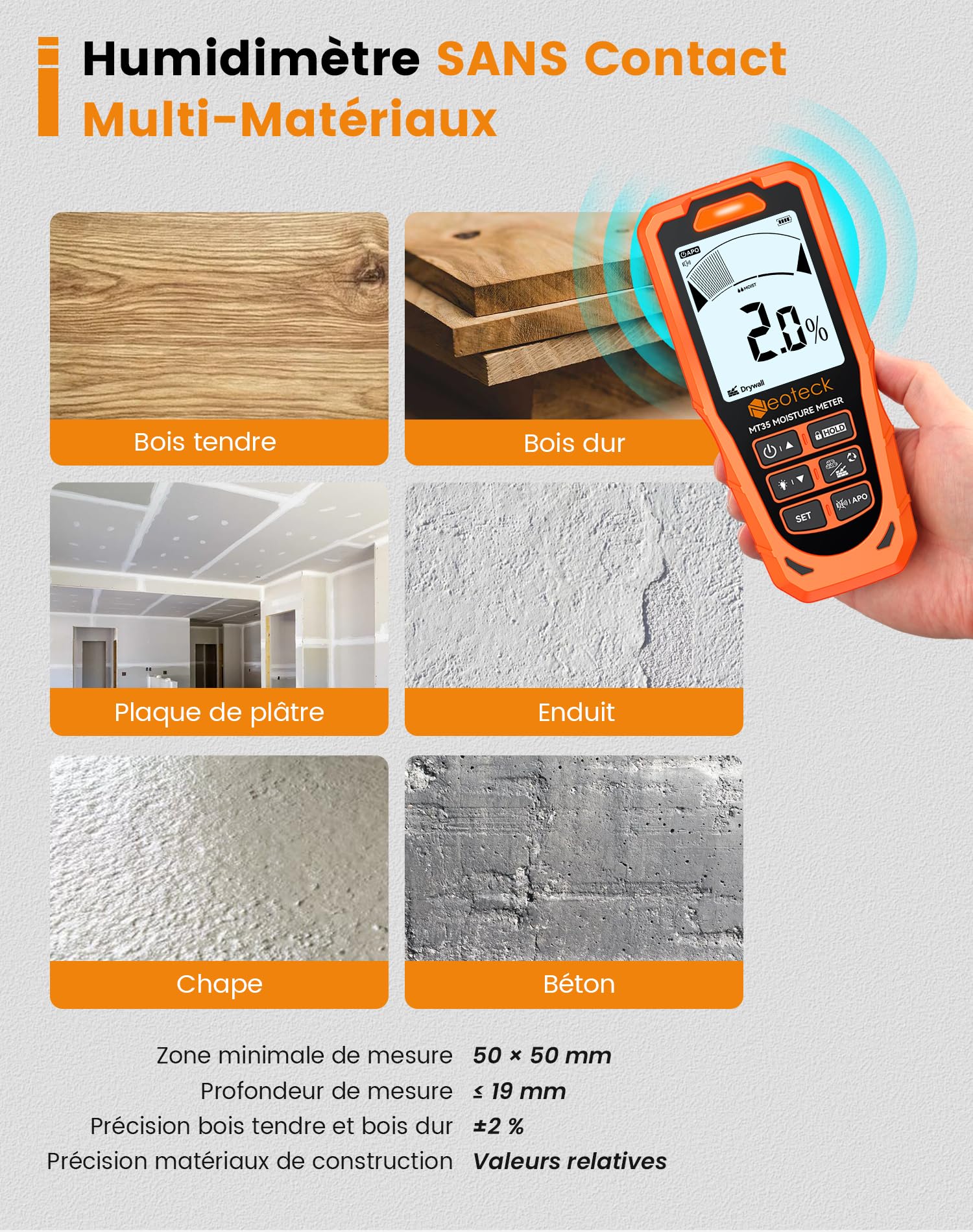 Neoteck Humidimètre 2-en-1 Sans-Pointe & à Sonde – Détecteur d’Humidité Mur & Bois, Écran LCD Couleur, Alerte Sonore/Visuelle, Mesure Placo, Béton, Plâtre, Screed pour Diagnostic Maison