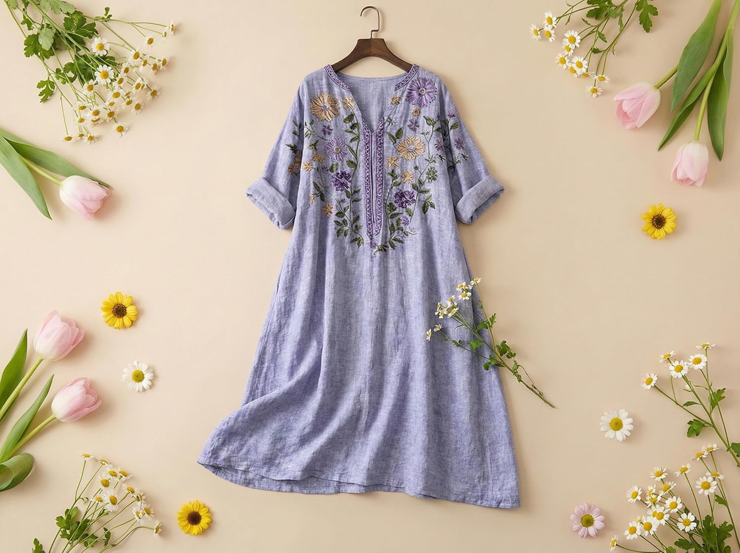 TIAFORD 2026 Spring Summer Boho Floral Printed Linen Maxi Dress V Neck Batwing Sleeve Oversized Kaftan Dresses with Pockets