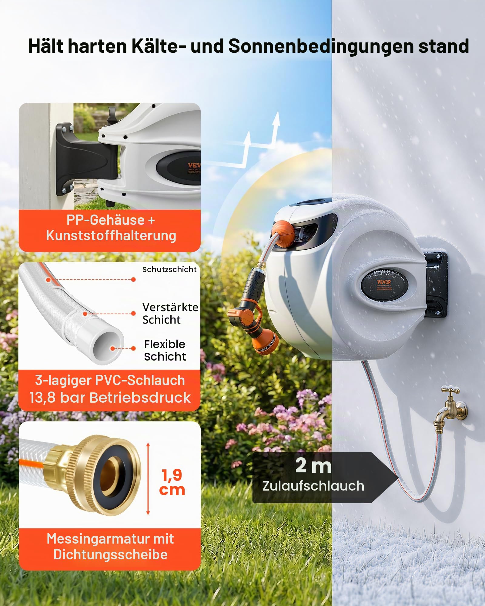 VEVOR Schlauchtrommel Wasser 35mx12mm mit Wandhalterung Tragegriff Schlauchaufroller mit 9-Muster-Sprühdüse & Gartenschlauch 180° Schwenkbar Wand-Schlauchbox mit Aufroll-Automatik Gießen Autowaschen
