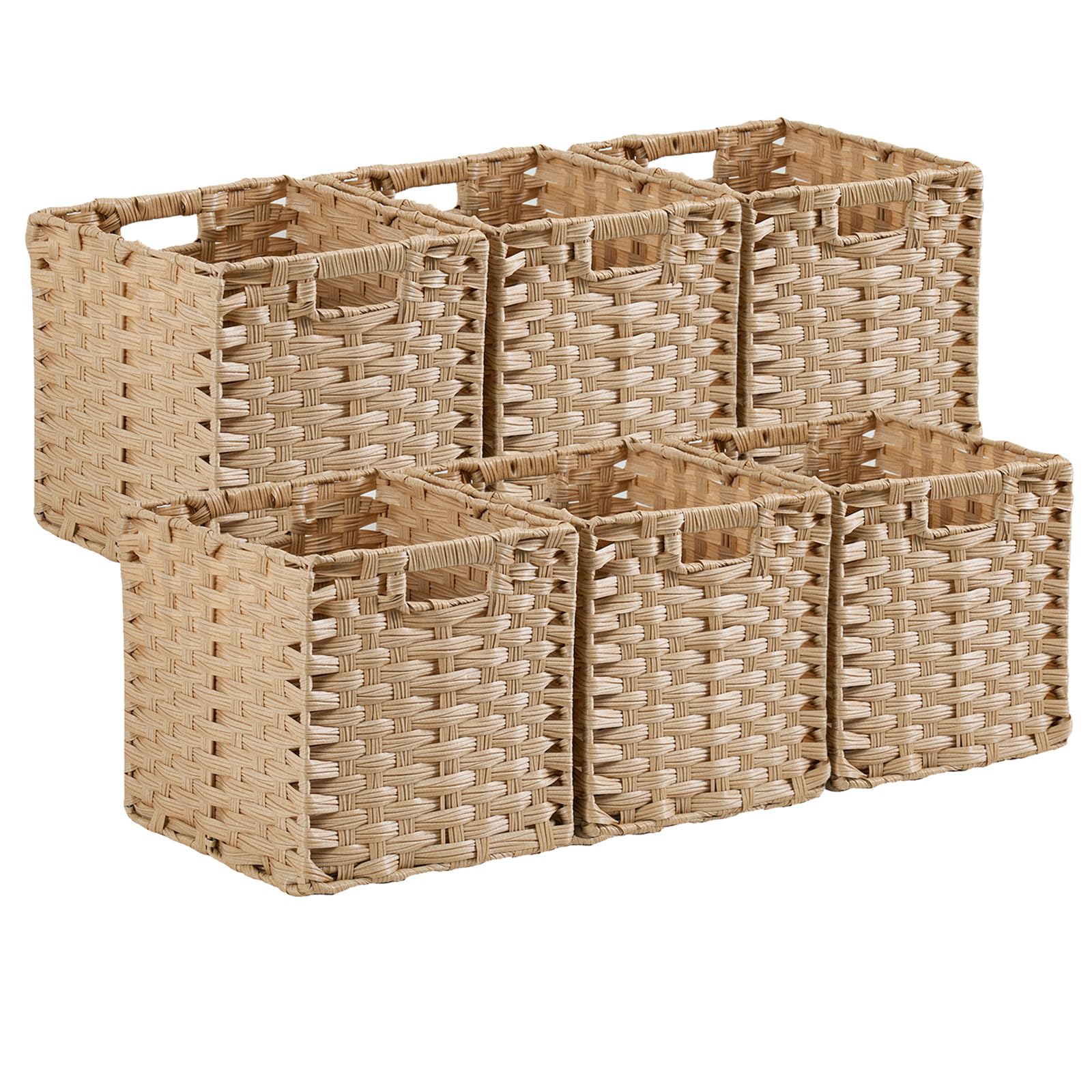 Sagittar Foldable Woven Basket Made of Imitation Rattan, 28x28x28cm Storage Basket for Pantry, Cupboard, Toy Cupboard, Shelf Basket Cube, Waterproof, Non-Mouldy, 6pcs, Beige