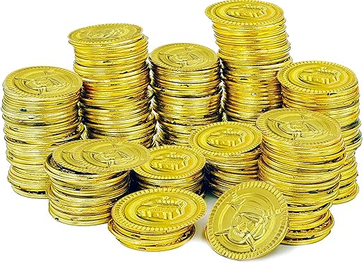 The Dreidel Company St. Patrick's Pirate Gold Coins (100 Pack) Novelty Party Favors, Plastic Gold Coins Bulk (100 Gold Plastic Coins)