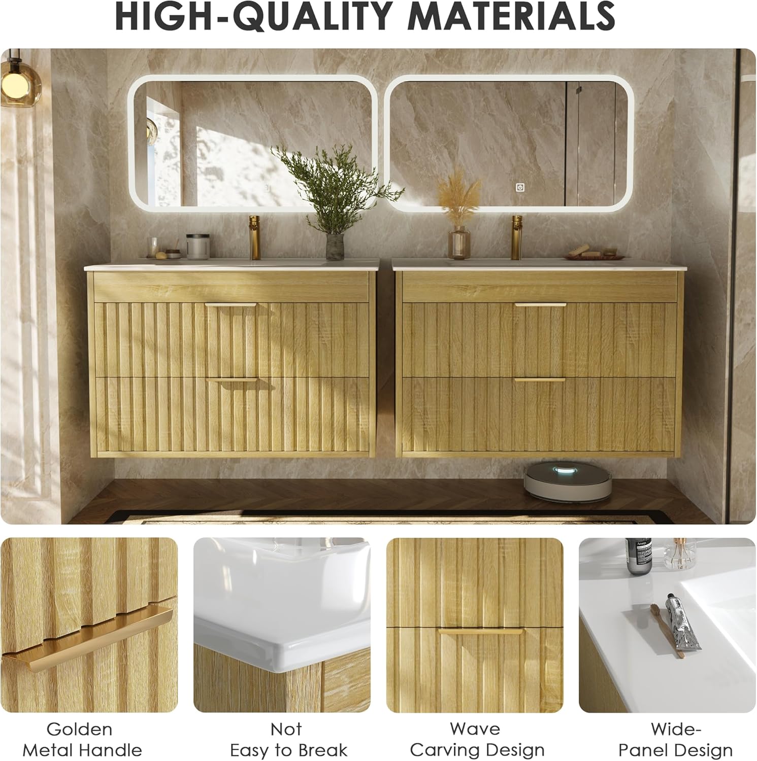 30" Bathroom Vanity with Sink, Floating Bathroom Vanity with 2 Fluted Drawers & Metal Handle, Wall Mounted Cabinets with Integrated Ceramic Sink for Apartment, Home, Wood Grain