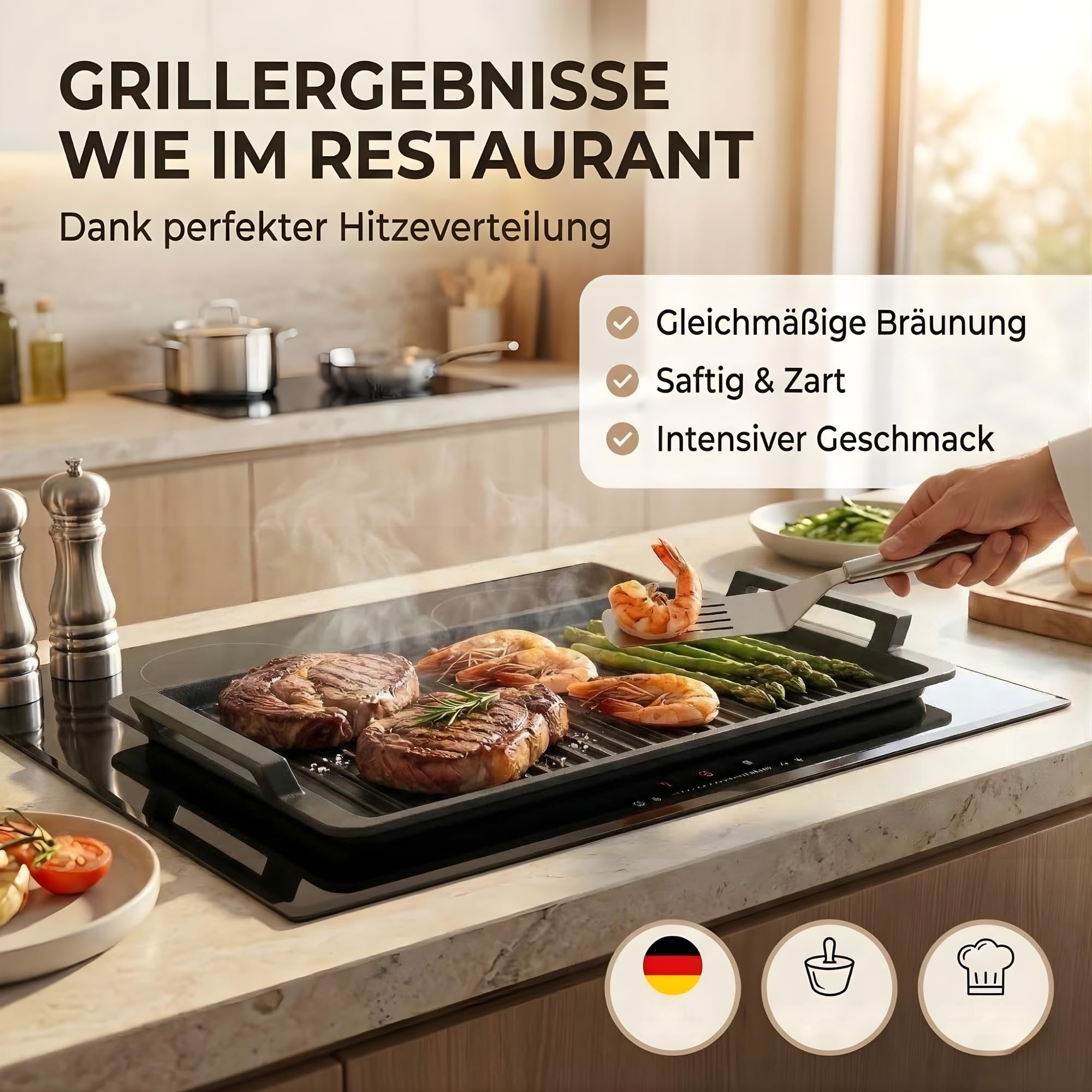 Lieblingspfanne Grillplatte BBQ 41x24 cm I mit Seitengriffen & 4-fach-Antihaftbeschichtung I aus Aluminium Guss für alle Herdarten inkl. Induktion & Gasgrill