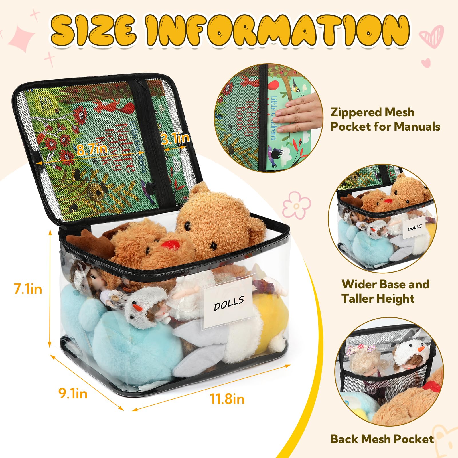 Paquete de 8 bolsas de almacenamiento de juguetes transparentes extragrandes con etiqueta de nombre y bolsillo manual, bolsas organizadoras de juguetes de PVC transparente impermeables con cremalleras