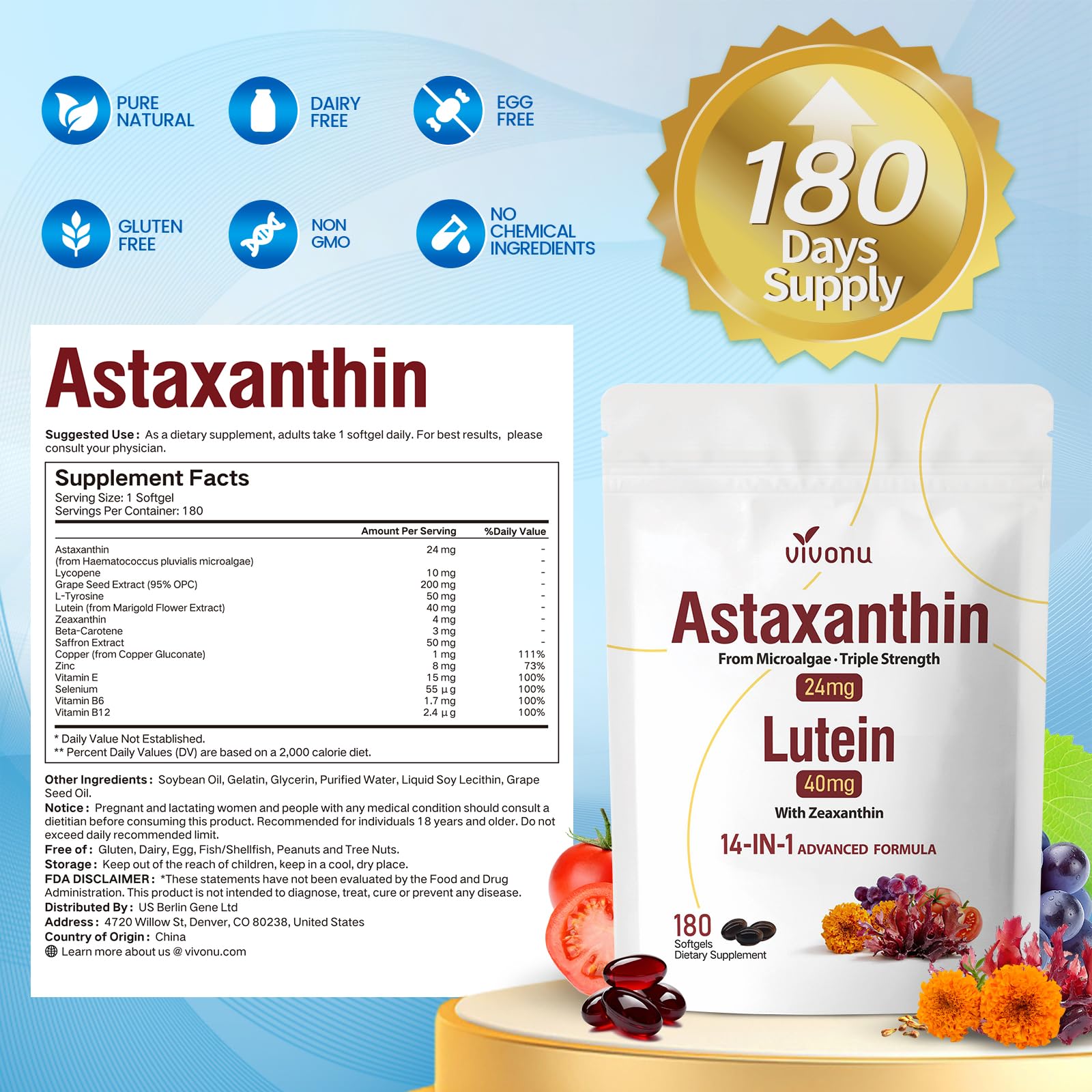 VivoNu Astaxanthin 24 mg & Lutein 40 mg – 6-Monats-Vorrat - Beta Carotin, Zeaxanthin - aus frischer Mikroalgenquelle, unterstützt Augen, Haut, Gelenk antioxidativer Schutz, 180 Weichkapseln