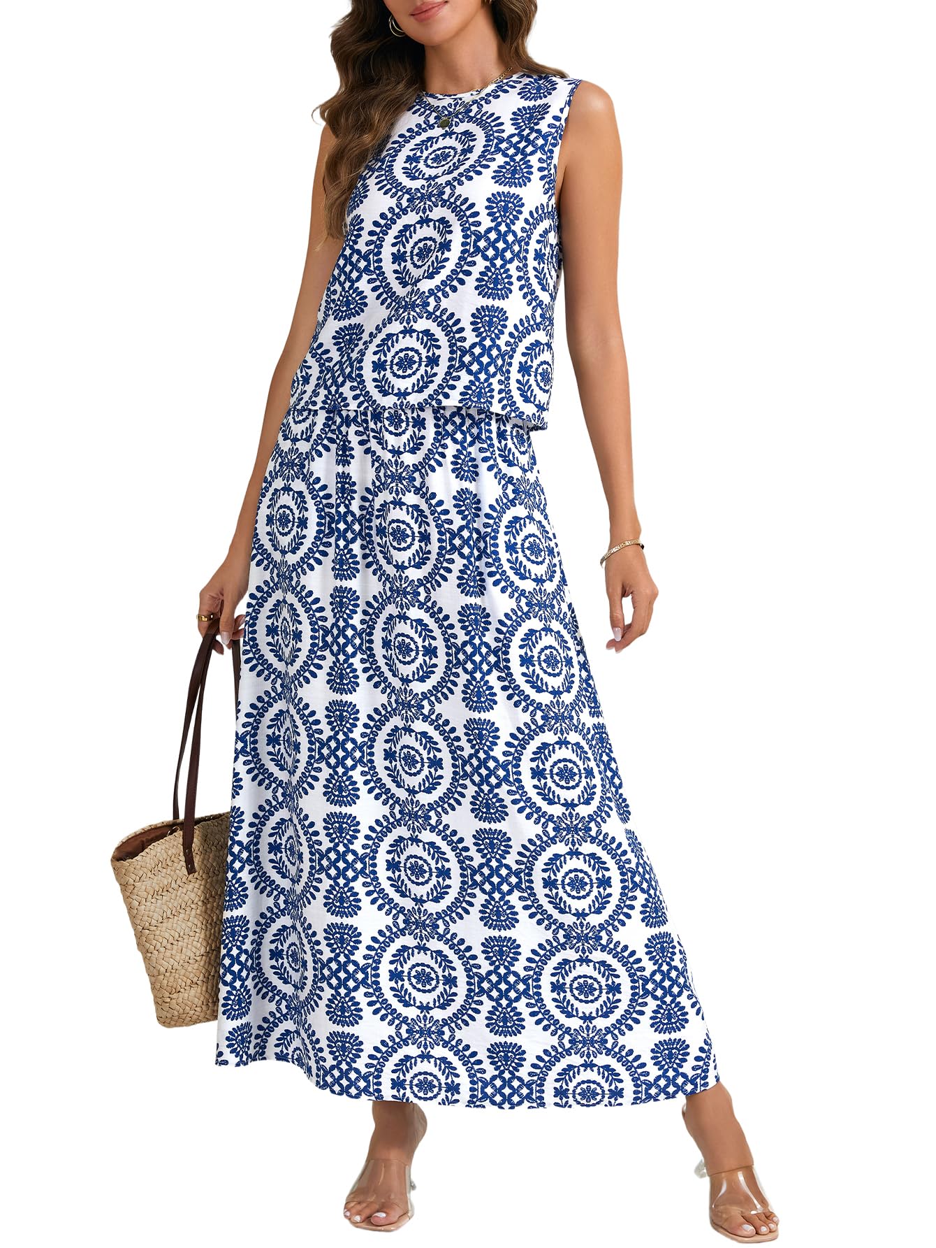 Rooscier Womens Floral Print 2 Piece Outfits Sleeveless Tank Top and A Line Long Skirt Sets Suit