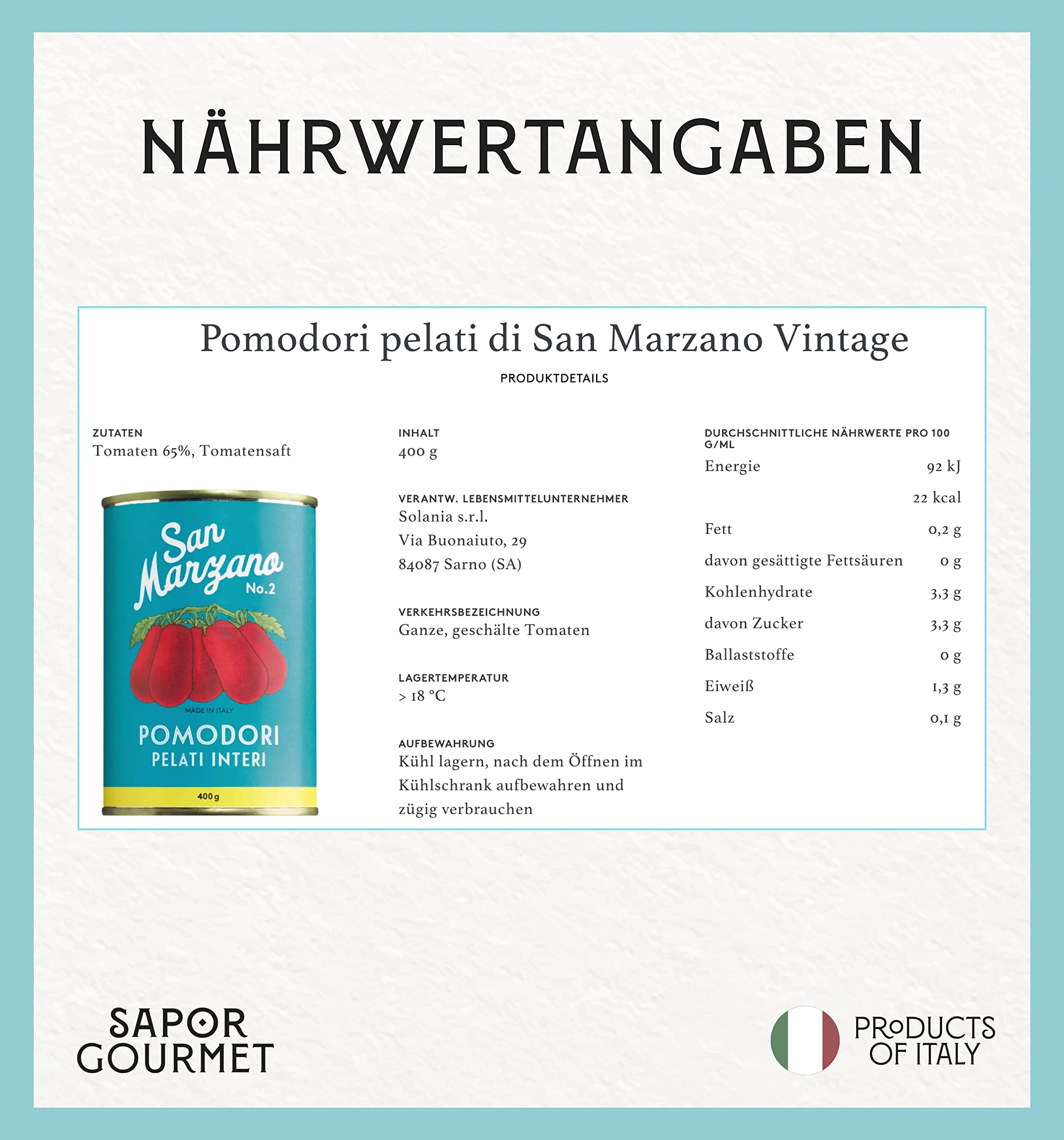 Sapor Design SAN MARZANO Tomaten aus Italien | Die besten Tomaten der Welt im Set | Dosentomaten, San Marzanos | Viele Varianten (San Marzano Vintage (Türkis), 48 Dosen)