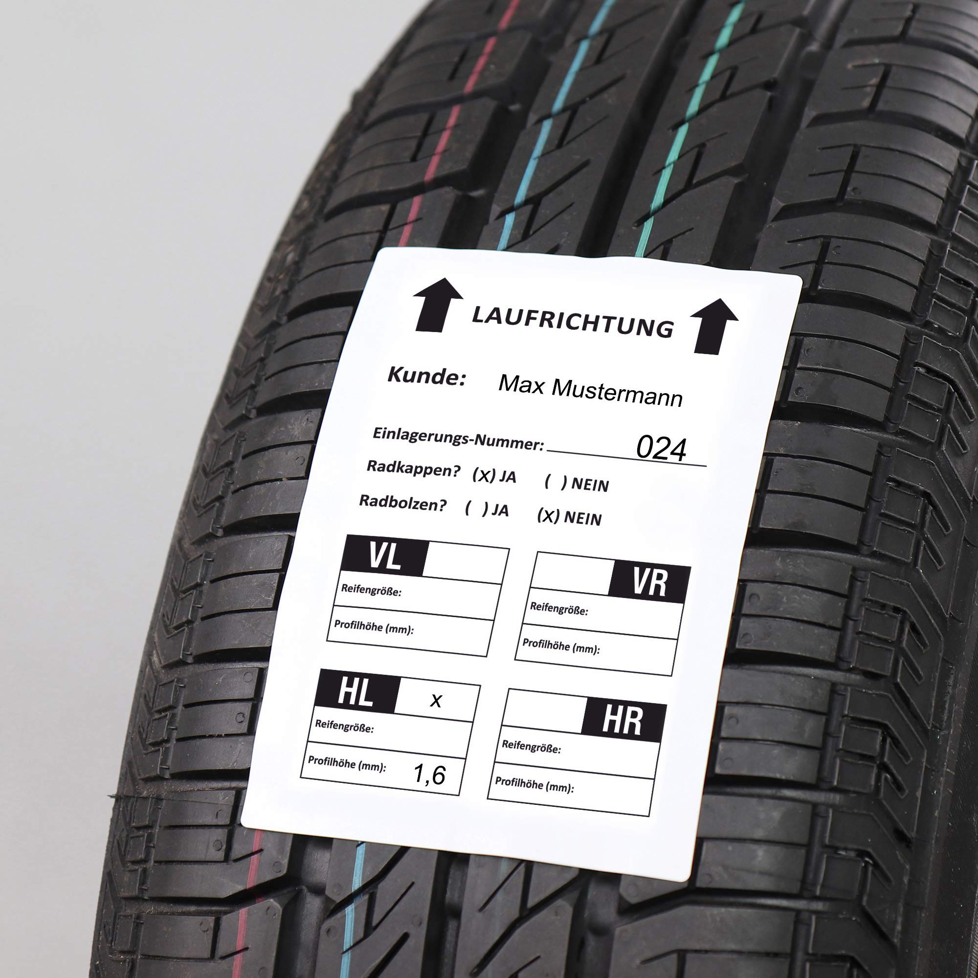 Labelident Reifenaufkleber für Einlagerung, Papier weiß-schwarz, 100 x 150 mm, 500 Etiketten auf 1 Rolle/n, extrem permanent, Trägerperforation