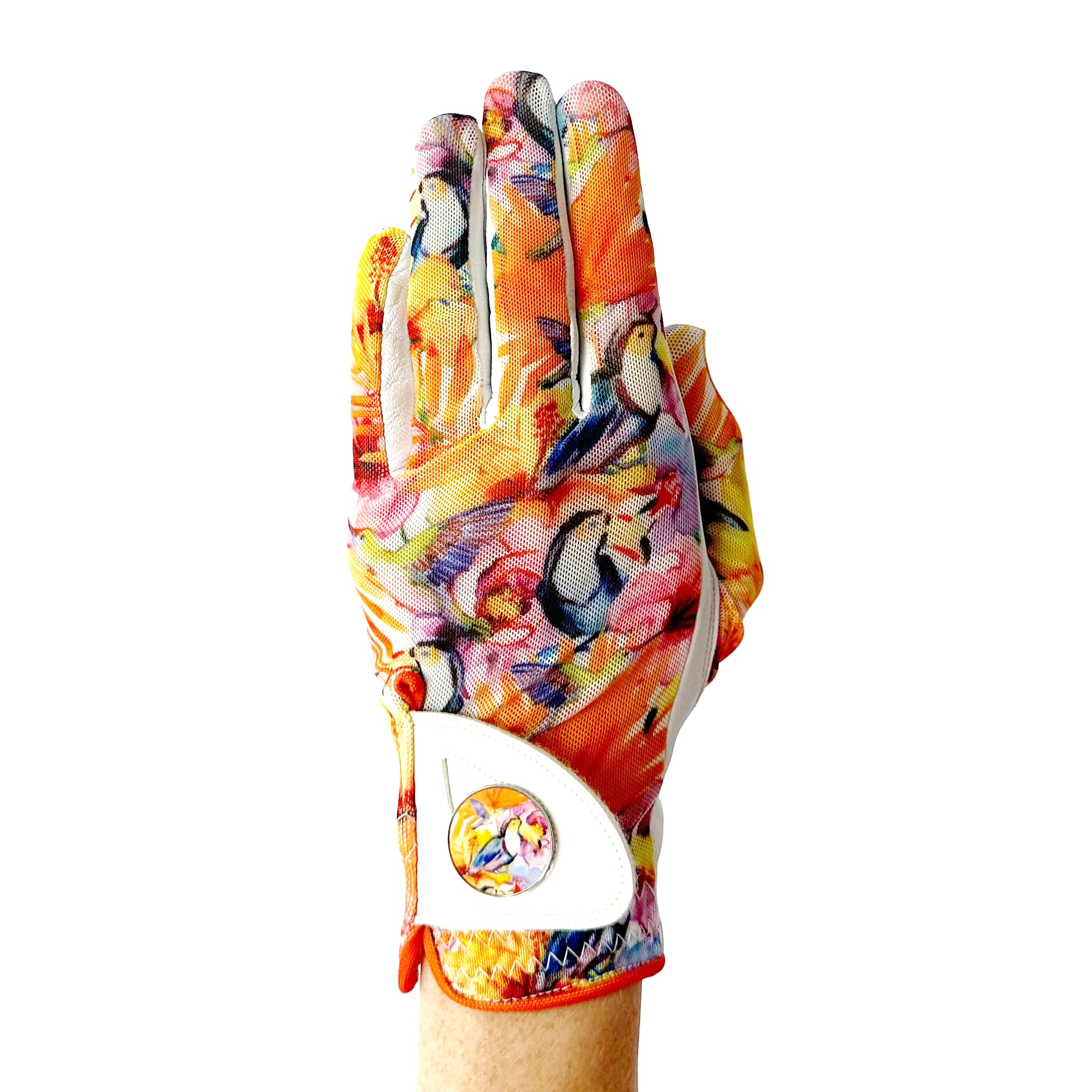 Hand Candy Golf Glove – Premium Cabretta Leather – “Tropical Toucan” – Left Hand Women's Golf Glove with Matching Ball Marker (Medium)