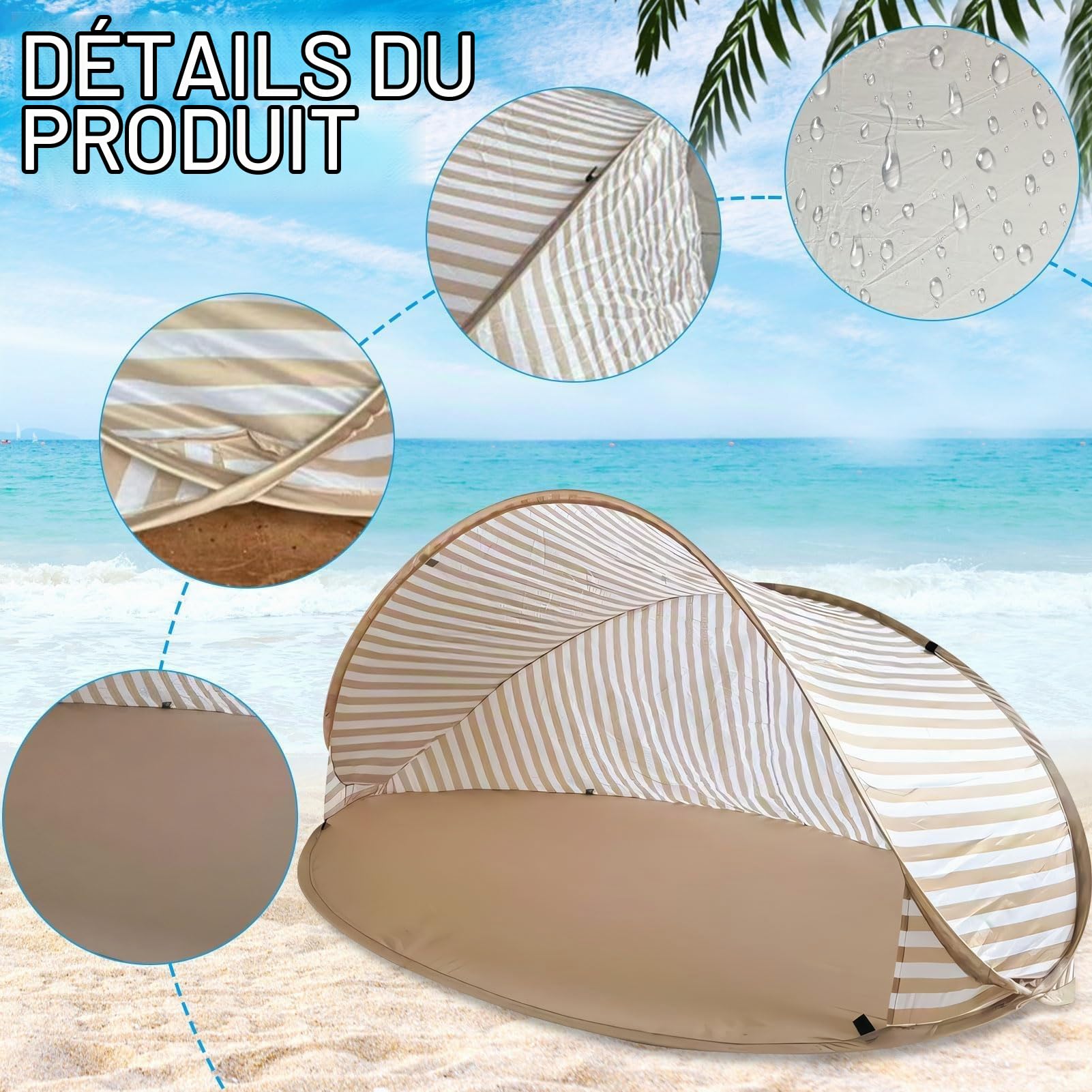 Tente de Plage Pop-Up Anti-UV UPF 50+, Parasol Pliant 180x125cm, Protection Solaire Imperméable pour Famille avec Sac de Rangement
