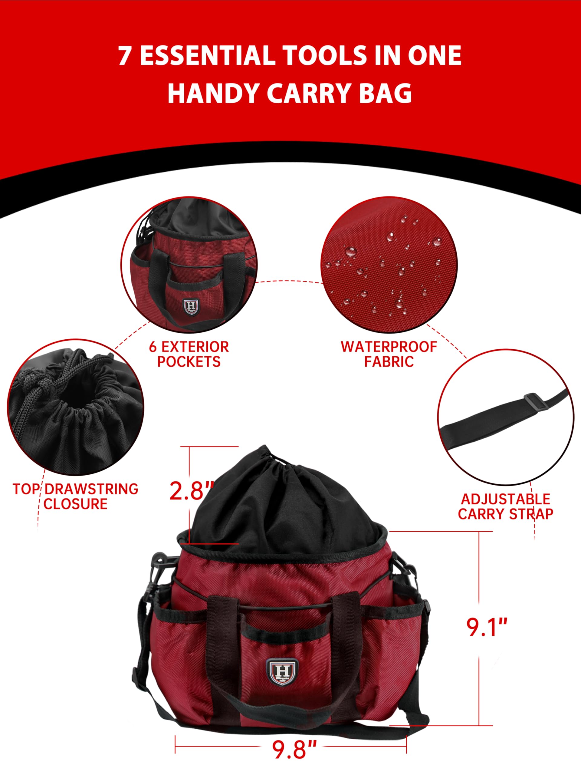 Harrison Howard Kit de cepillos de aseo para caballos de 7 piezas con bolsa organizadora Equine Care Series Juego de cepillos para caballos rojo
