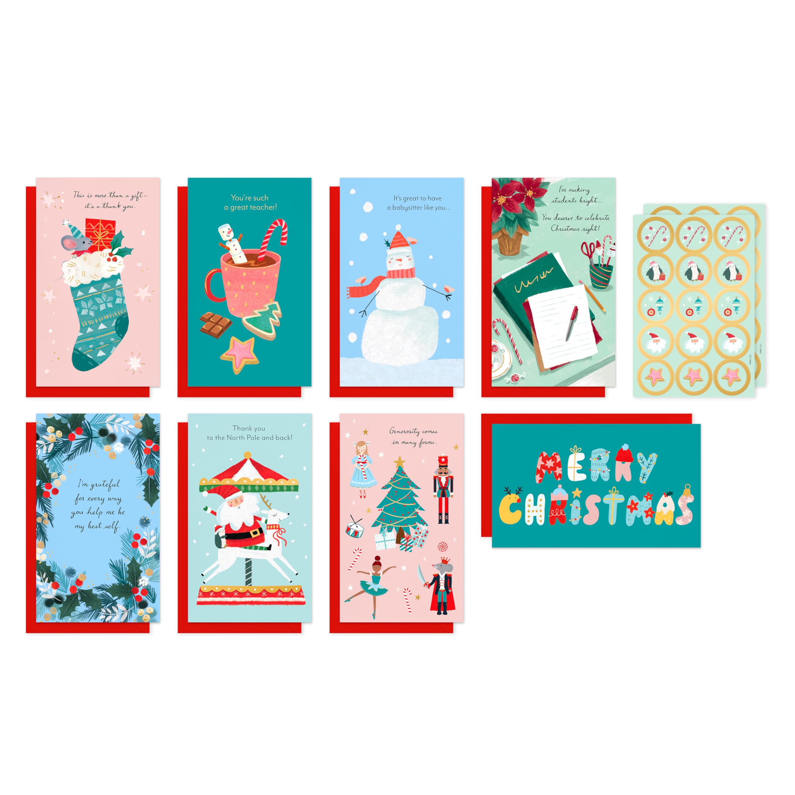 American Greetings Assortiment de 16 cartes de Noël avec enveloppes et autocollants pour enseignants, baby-sitters, soignants
