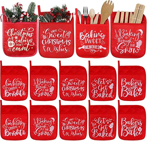 Miniatura 7 de 10 soportes para ollas de Navidad con bolsillo para ollas, almohadillas calientes de regalo, guantes de horno resistentes al calor, bolsa de