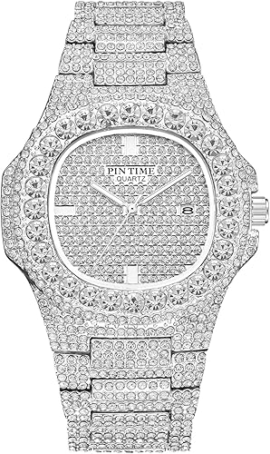 Gosasa Reloj de pulsera unisex de cristal para hombre y mujer, reloj cubano con brillo completo, oblongo de plataoro, reloj de pulsera de acero