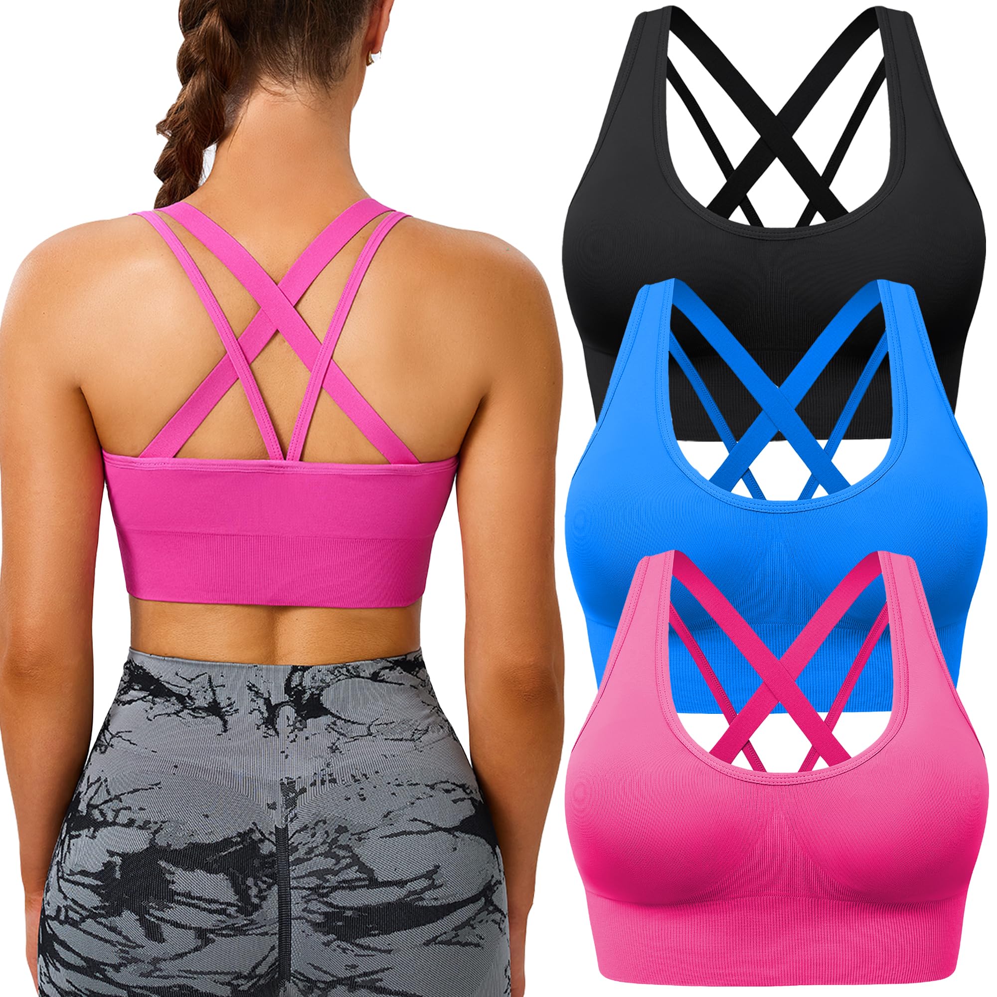 BLUELILY Sports Bra for Women Medium Support Criss Cross Strappy Bras Seamless Padded High Impact Yoga Athletic Exercise Bras