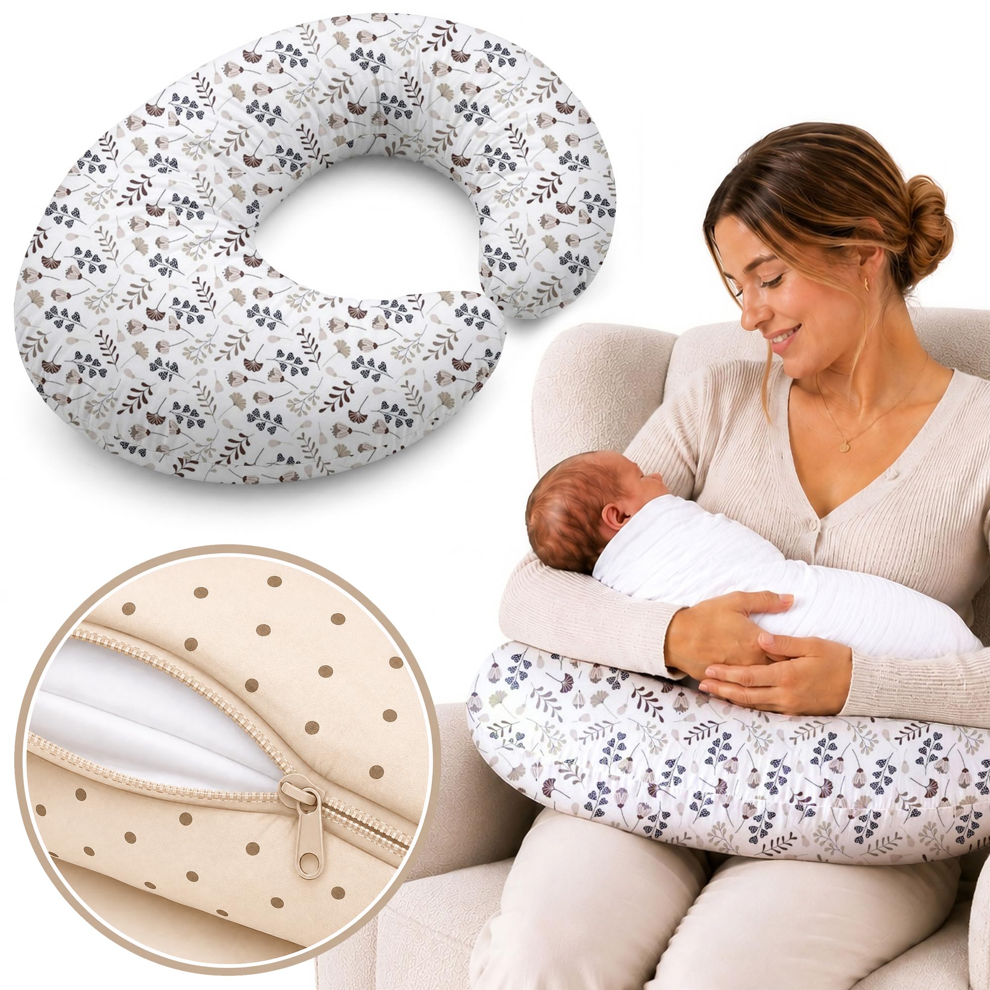 Stillkissen klein C-Form – Nursing Pillow, Stillmond & Stützkissen zum Stillen, mit separatem Innenkissen, Bezug aus 100% Baumwolle, OEKO-TEX Standard zertifiziert, weich & ergonomisch - Zweige