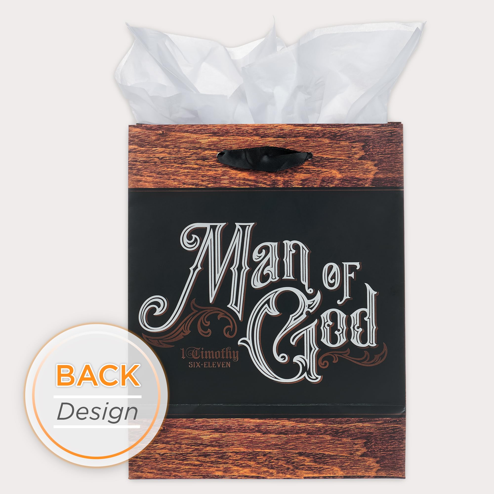 Christian Art Gifts Medium Portrait Scripture Gift Bag, Tag & Wrapping Tissue Paper Set for Men: Man of God, Matted, Satin Handles, Black/Brown/Silver
