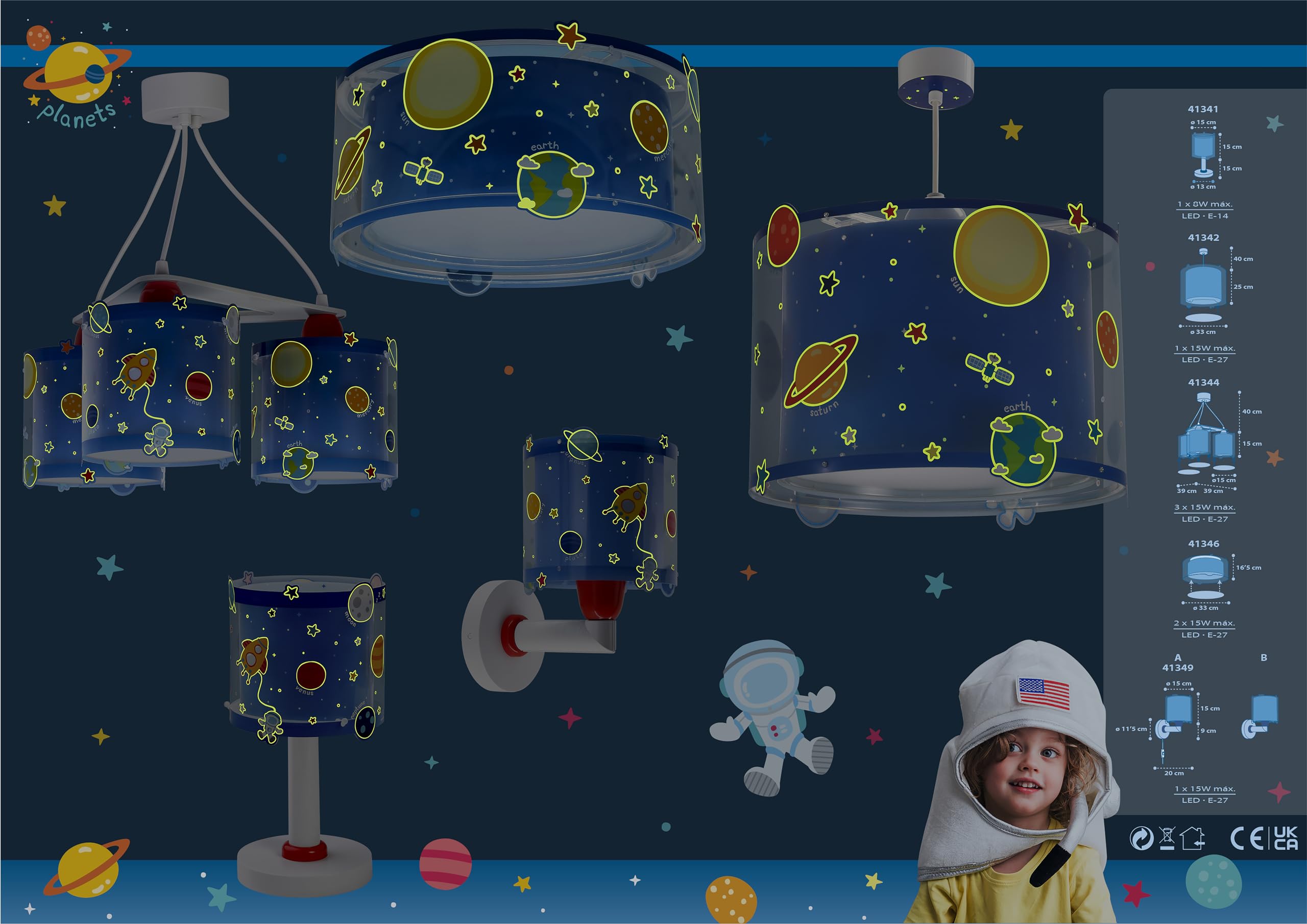 Dalber lampe de table enfant Planets planètes système solaire, Bleu