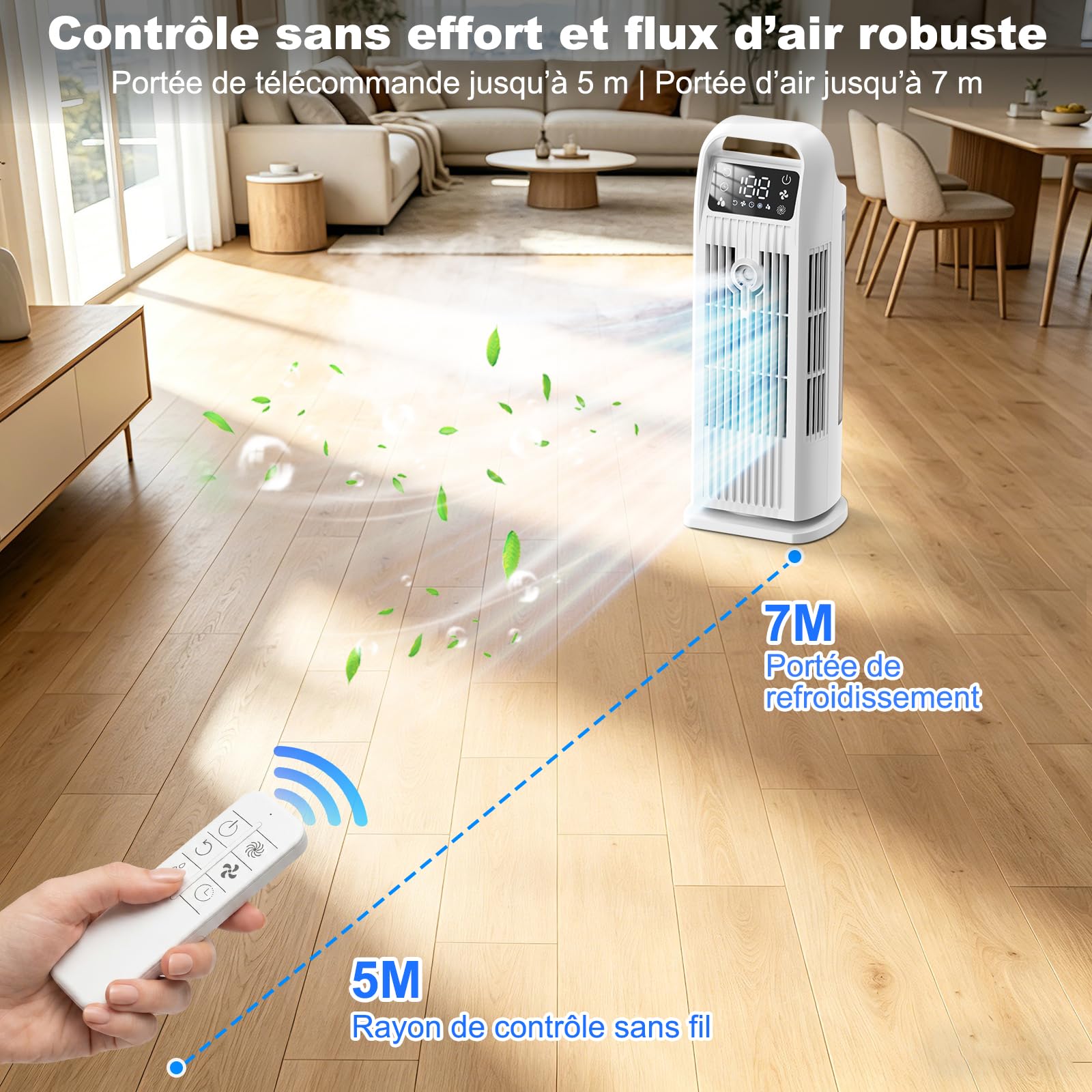6 en 1 Climatiseur Mobile, Climatiseur Portable Silencieux avec Refroidisseur d'air 1200ml, 120°Oscillation, 1-12H Minuteries, 4 Vitesses, Touches Tactiles (Blanc frais)