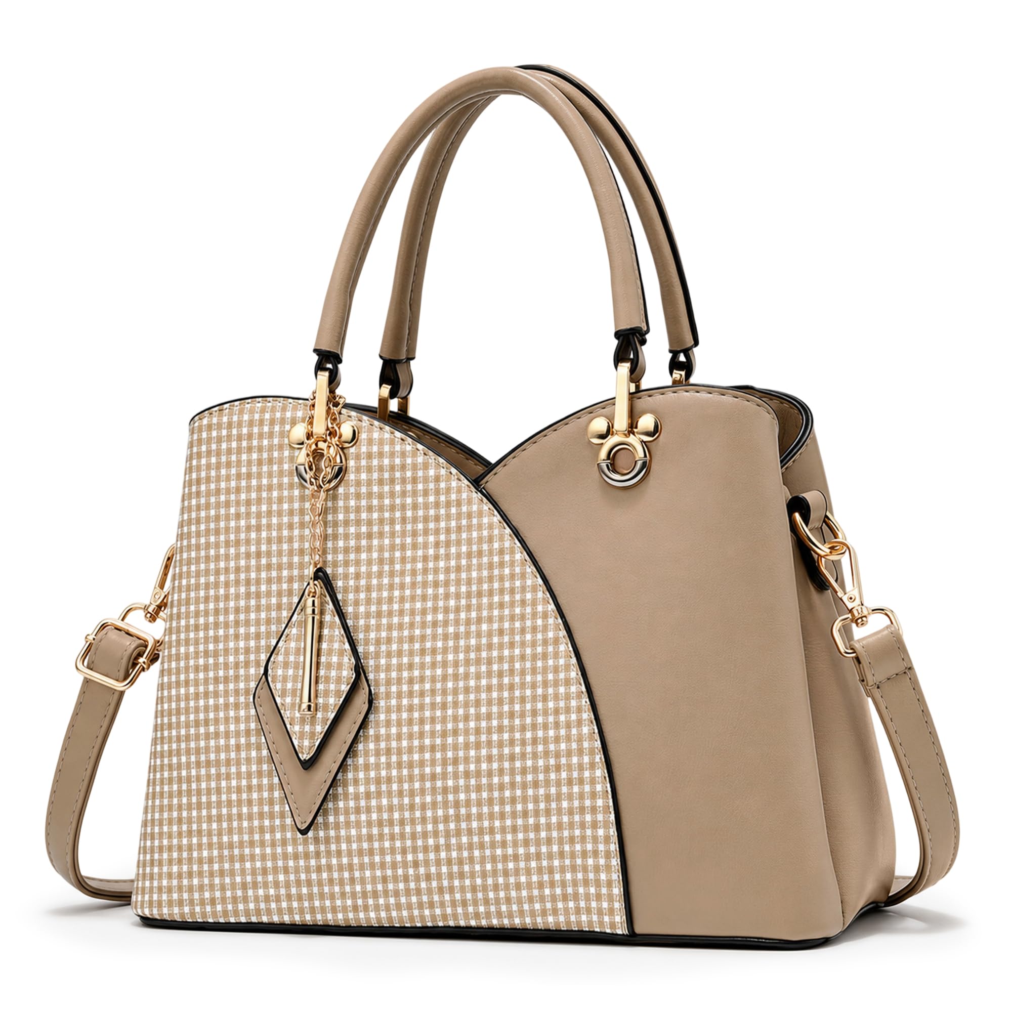 Bolso de Mano Mujer Moda Cuadros Bolso Bandolera PU Cuero Bolso Señoras Tote Elegante Bolsa de Hombro con Colgante Rombo para Trabajo Fiesta Marrón