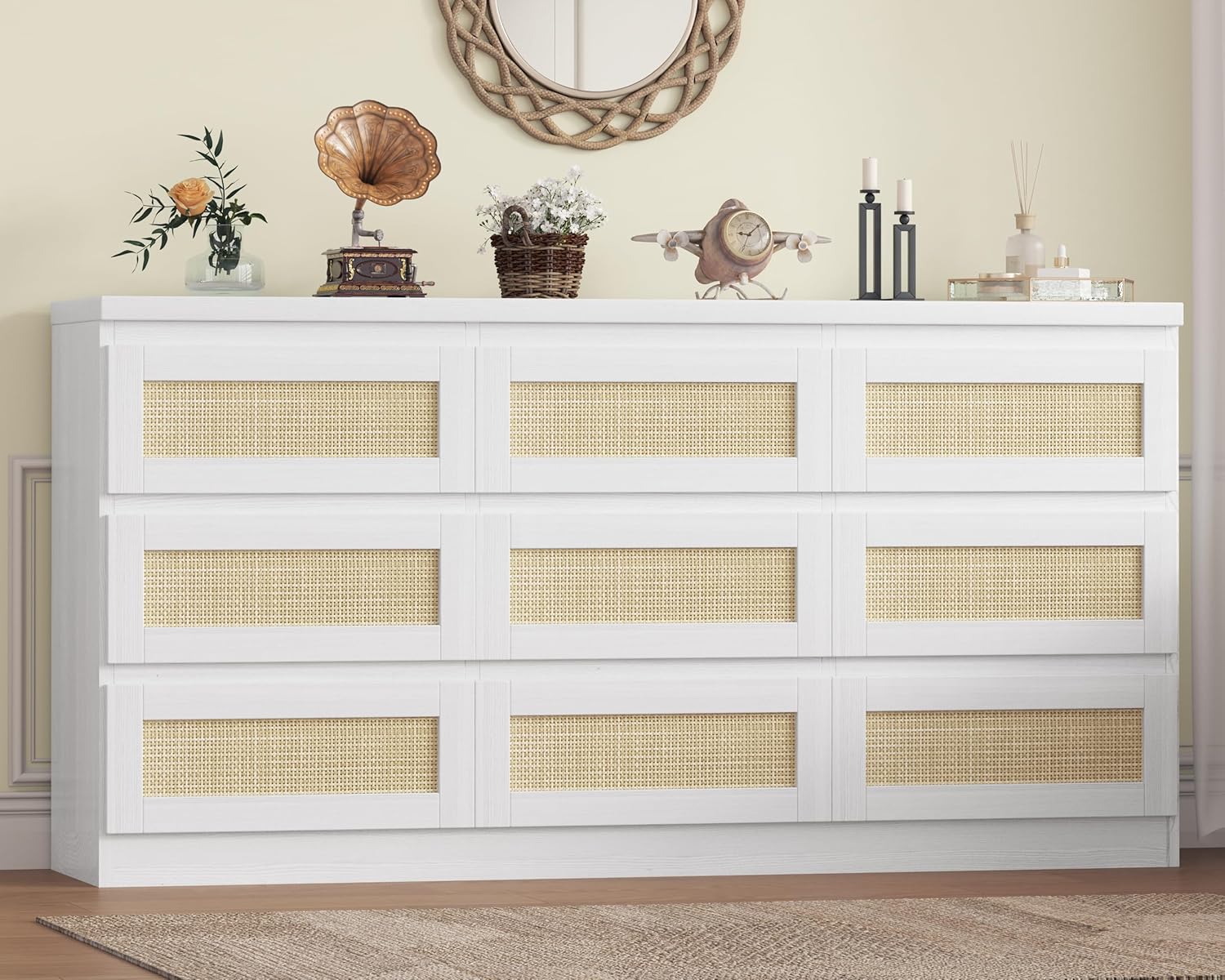 GarveeHome 9 Drawer Dresser for Bedroom, Farmhouse Rattan Dressers & Chests of Drawers with Charging Station, Wooden Storage Organizer for Closet, Living Room, Entryway (White)