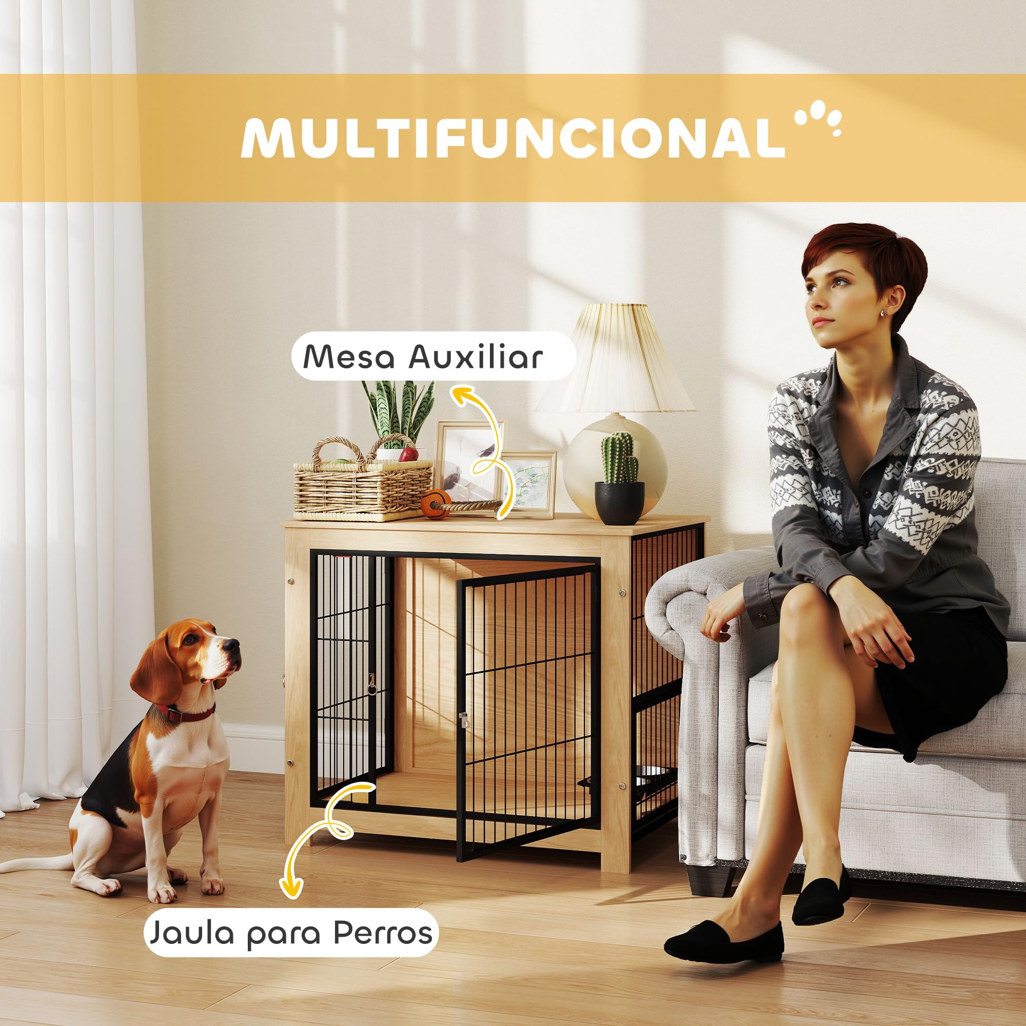 PawHut Jaula para Perros Moderna Mesa Auxiliar Casa para Mascotas con 2 Puertas, Soporte Giratorio con 2 Tazones, Estructura de Acero para Perros Medianos 80x60x68 cm Roble