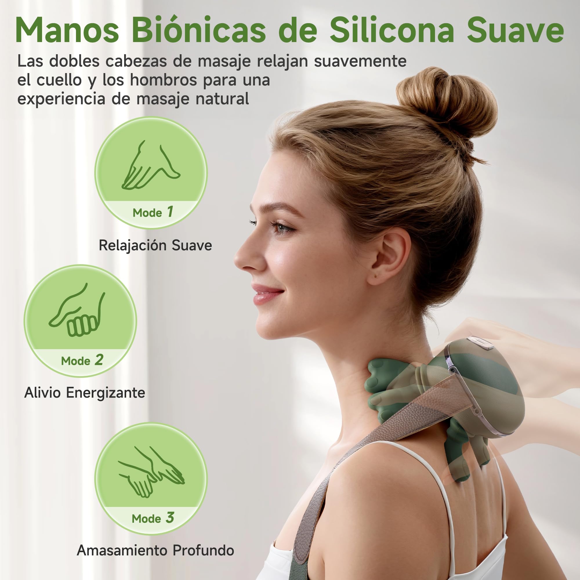 Masajeador Cervical y Espalda 4D a Mano Biónica, Masajeador Cuello Eléctrico con 3 Niveles de Intensidad y 2 Niveles de Calor (Verde)