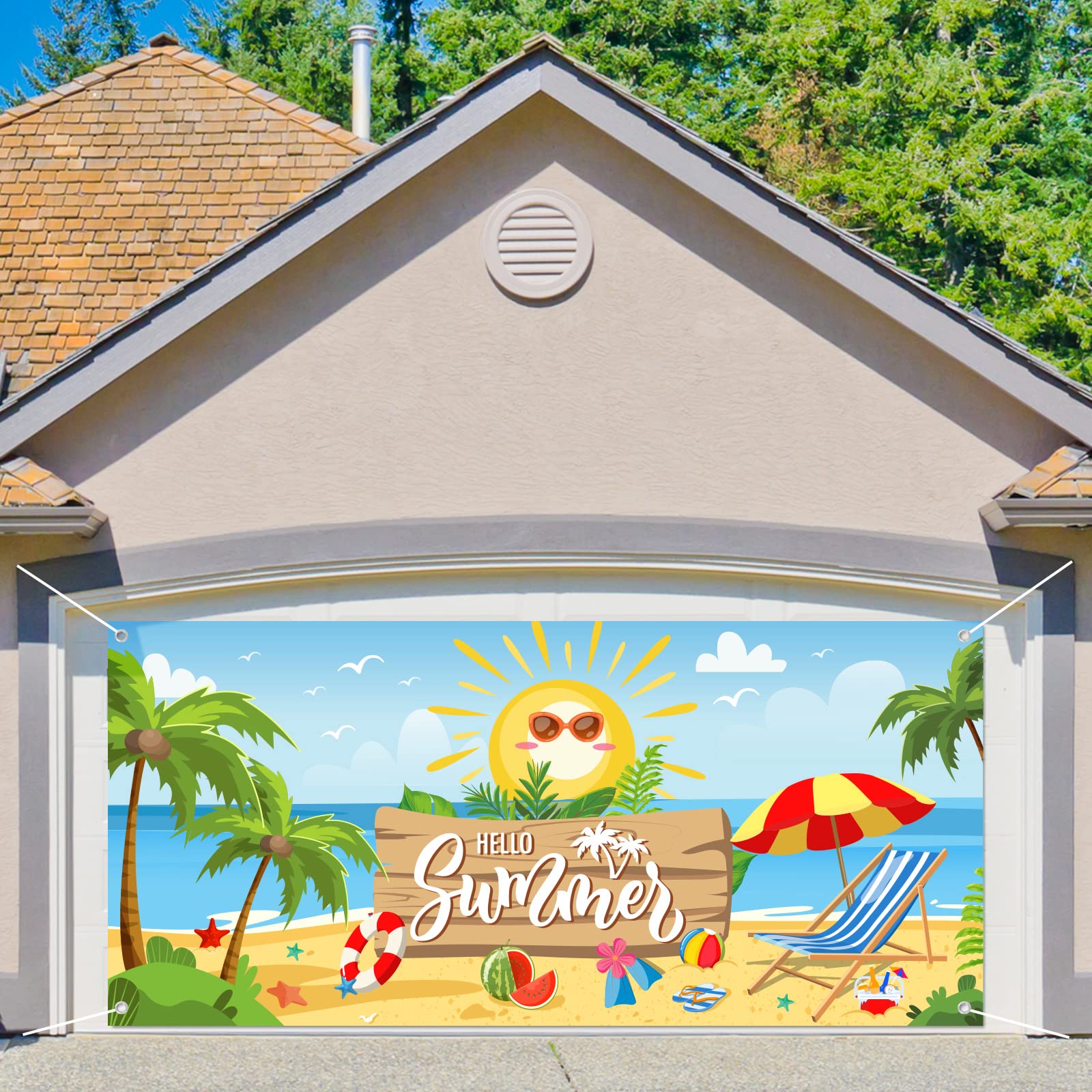 Whaline Hello Summer Garage Door Banner Beach Scenery Garage Door Cover 6x13Ft Summer Backdrop Decoration for Hawaiian Pool Party Indoor Outdoor Wall Door House Background Decor