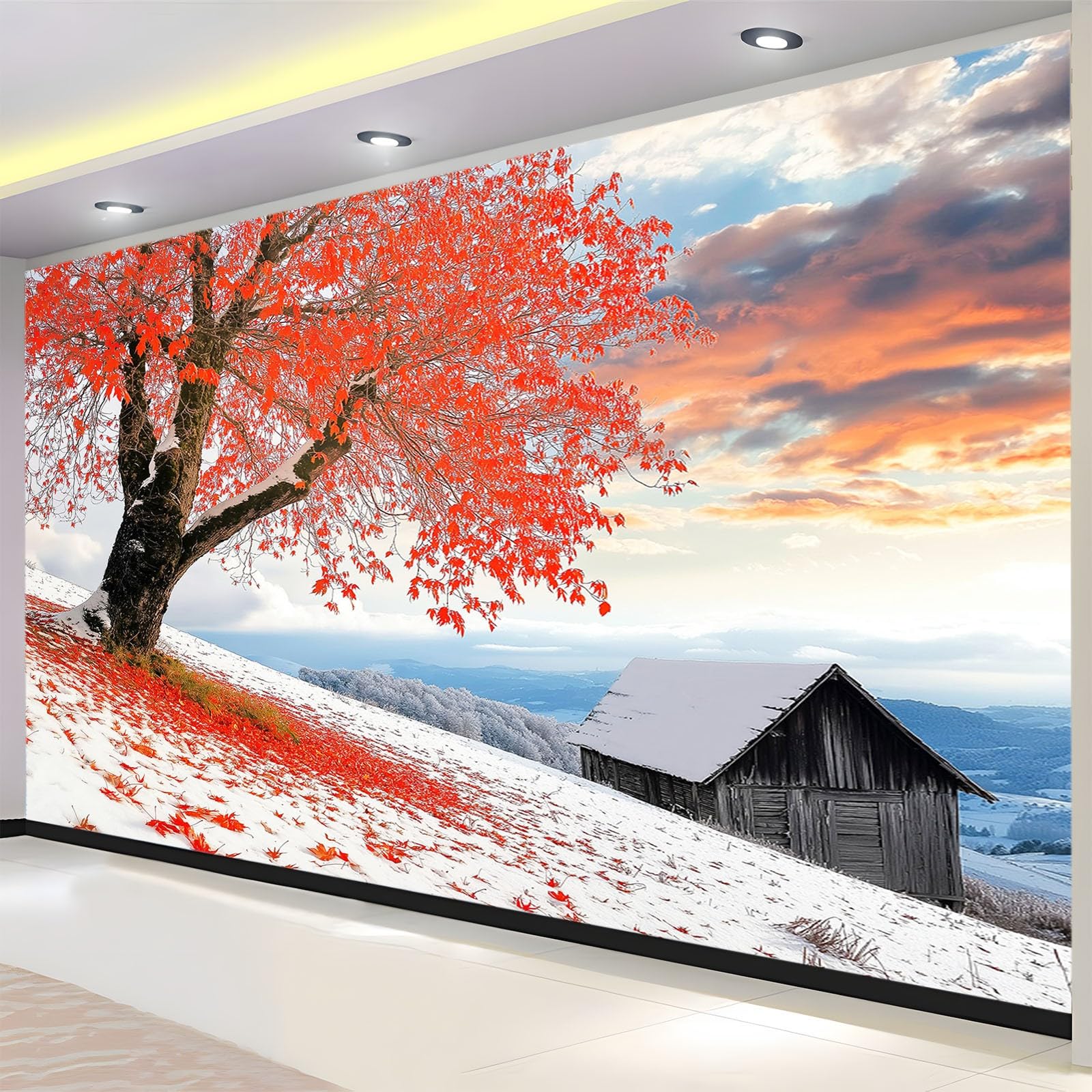 Retrò Carta da Parati Moderna Murale Il rosso lascia il grande albero Carta da Parati Murale 400x280 cm Foto Murale Soggiorno Camera Da Letto Ristorante Rivestimento d'arte Murale Decor