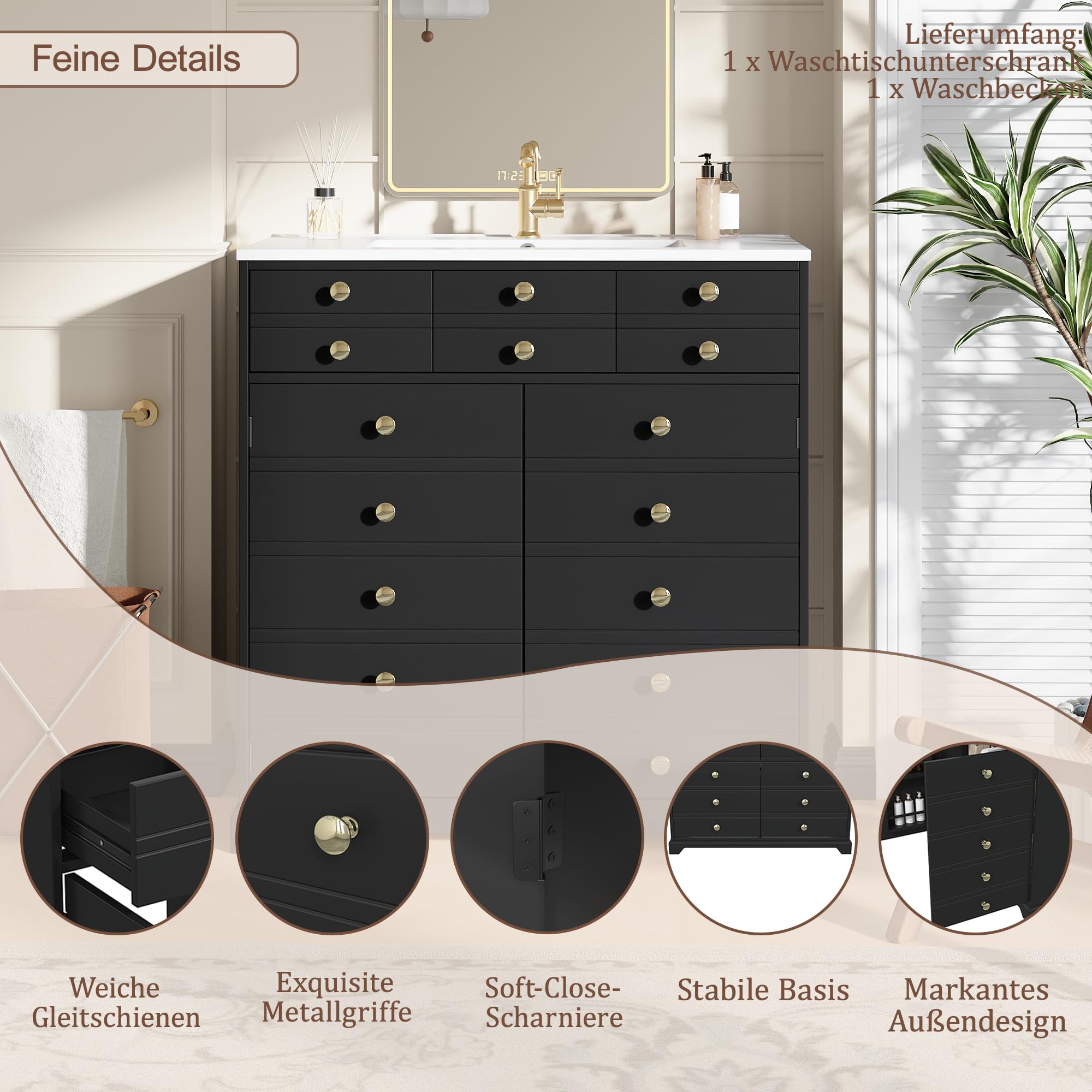 Waschbeckenschrank mit Vielseitiger Stauraum, Badezimmerschrank mit 2 Schubladen und Verstellbare Einlegeböden, Keramikwaschbecken, Moderner Badmöbel, Schwarz-D, 91.5x47x86.5 cm