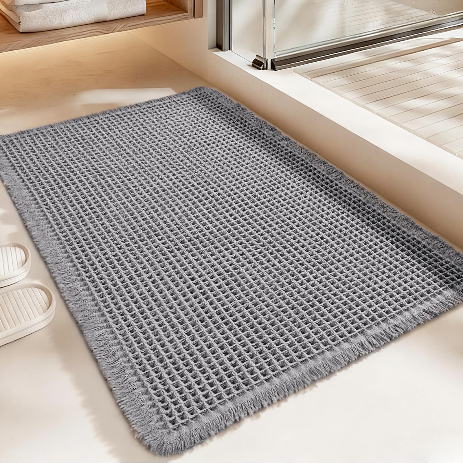 Siyaluens Luxury Waffle Bath Mat, Super Absorbent Non Slip Bathroom Rugs, Boho Ultra Soft Comfort Machine Washable Quick Dry Floor Mats with Tassels (