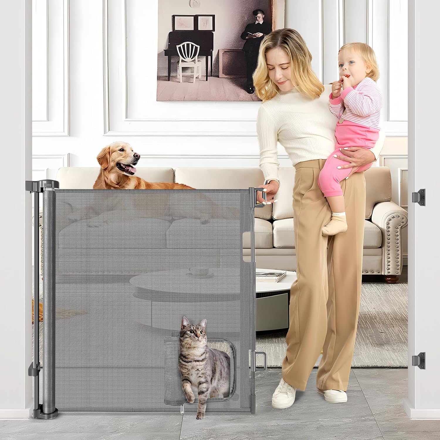 Retractable Dog Gate with Cat Door 55" Wide Retractable Pet Gate with Cat Door Mesh Dog Gate Retractable Baby Gates for Doorway Retractable Puppy Gate for The House Retractable Outdoor Gate for Deck Gray 33" X 55"?With Cat Door ?