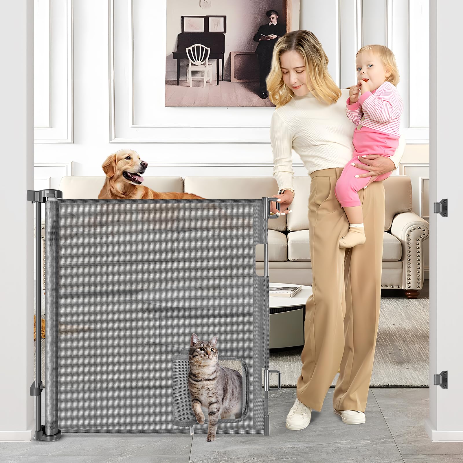 Retractable Dog Gate with Cat Door 55" Wide Retractable Pet Gate with Cat Door Mesh Dog Gate Retractable Baby Gates for Doorway Retractable Puppy Gate
