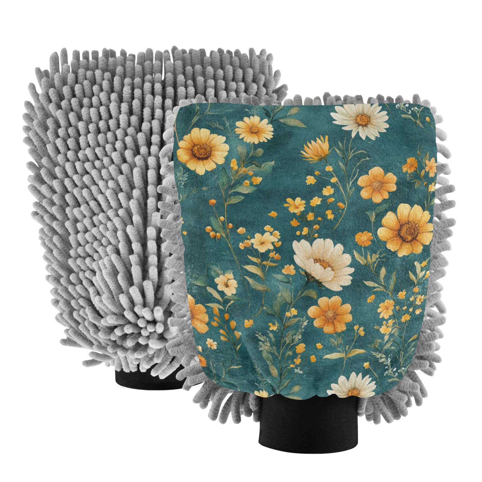 Autumn Flowers Sunflower Lily Rosemary Teal Hand Mitt Car Wash Glove 11.8'' Car Mitts for Washing Non Scratch Washer Sponge for Cleaning Wash