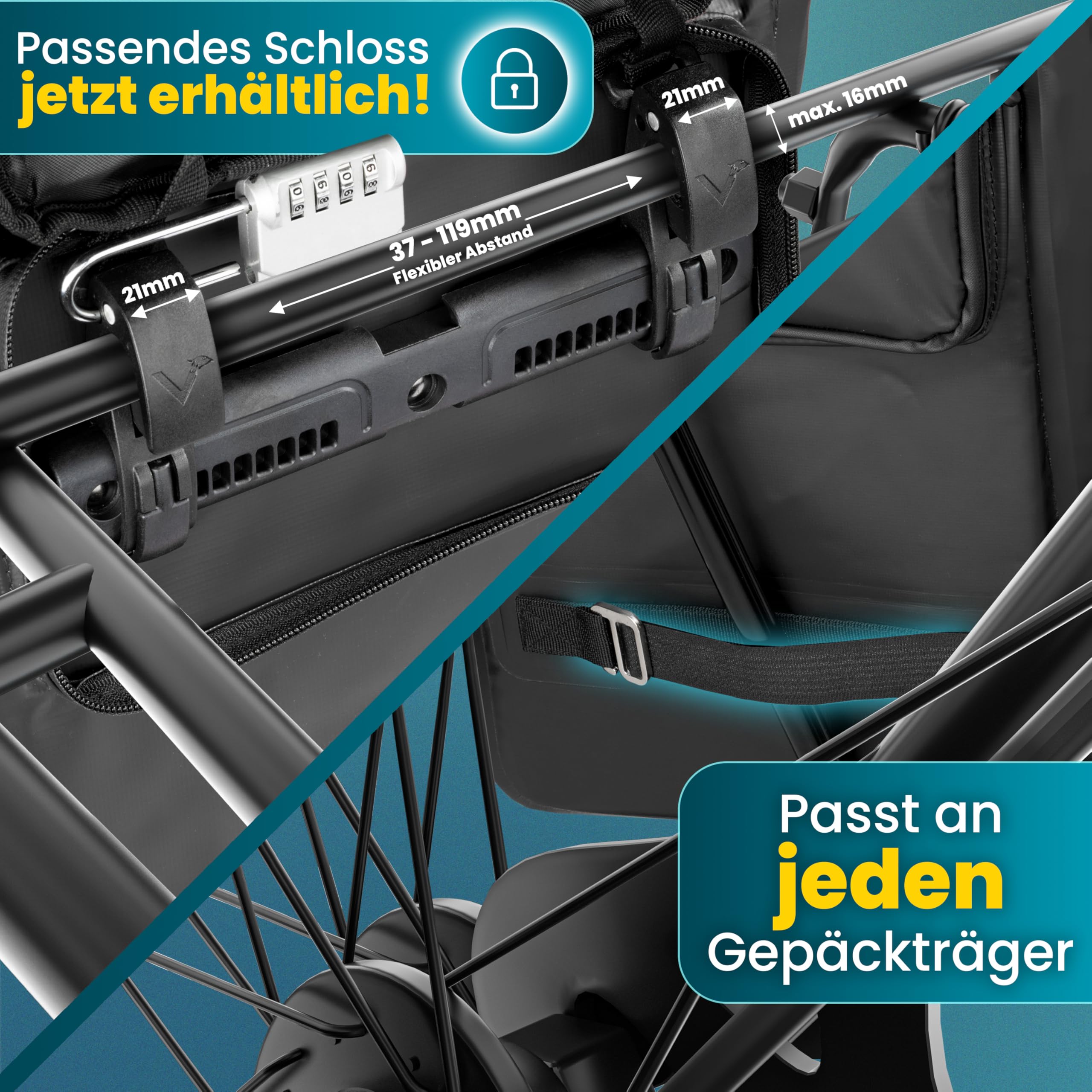 Valkental® 3in1 Fahrradtasche [Bis 25L] - Das Original - Geeignet als Gepäckträgertasche, Rucksack und Umhängetasche - 100% Wasserdicht & Reflektierend - Sichere Befestigung [Abschließbar] Laptopfach