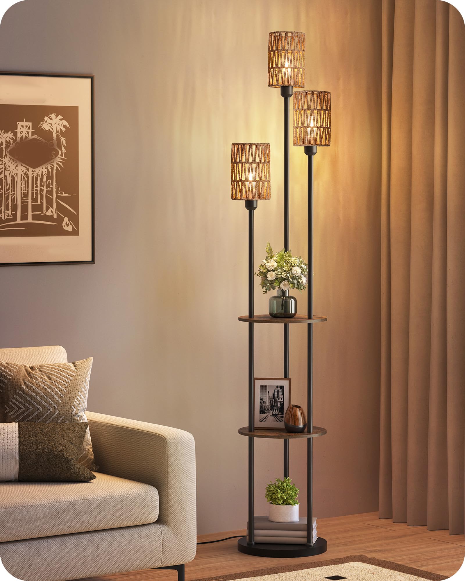 Stehlampe Wohnzimmer mit Ablage, 3-flammige Rattan Stehleuchte mit Regal Vintage, Boho Standleuchte aus Holz mit Fußschalter, E27 Fassung, retro rustikalbraun, moderne Regallampe ZYF53LDD05