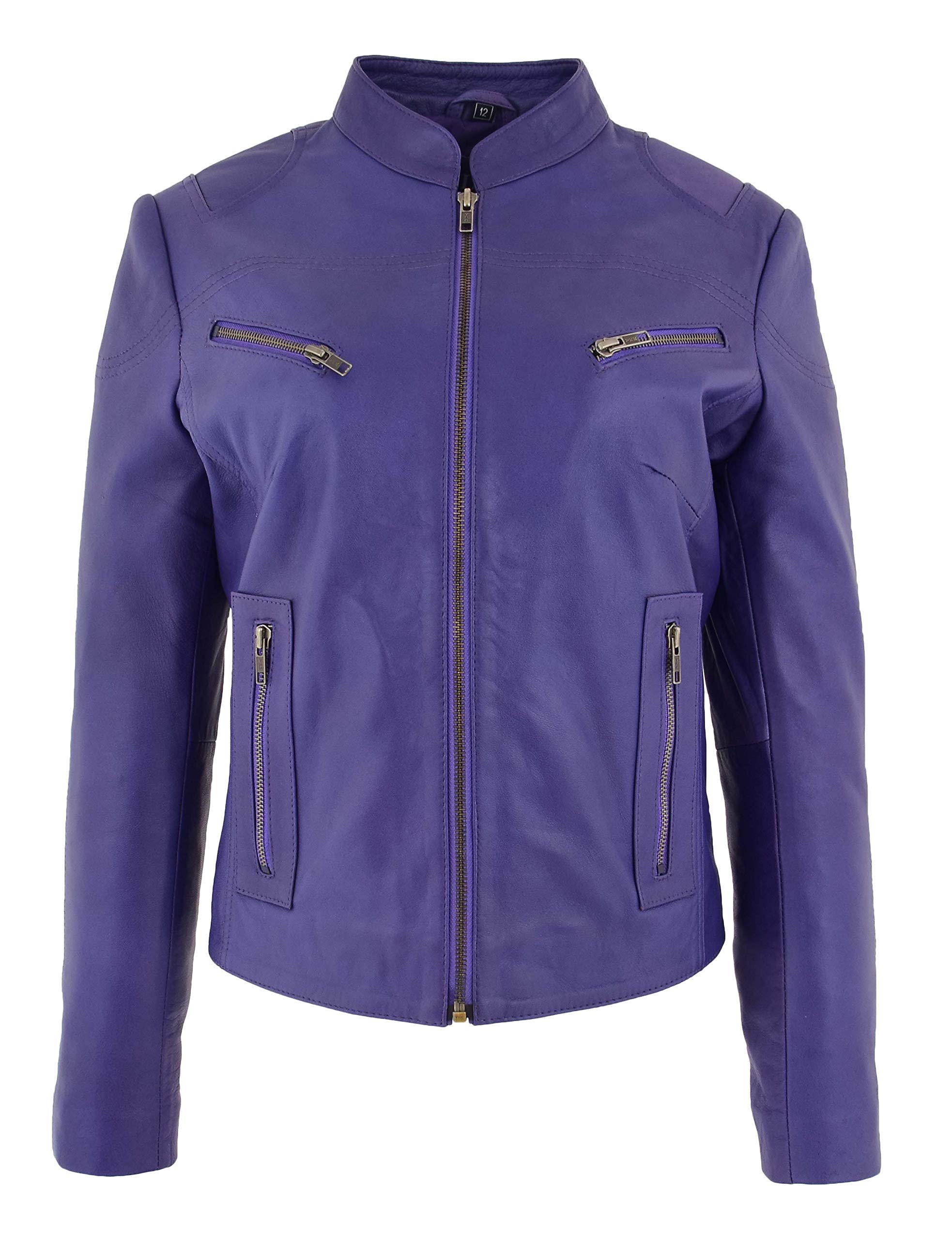 House Of Leather Women's Purple Real Leather Biker Jacket Standing Collar Zip Up Style Becky (18, )